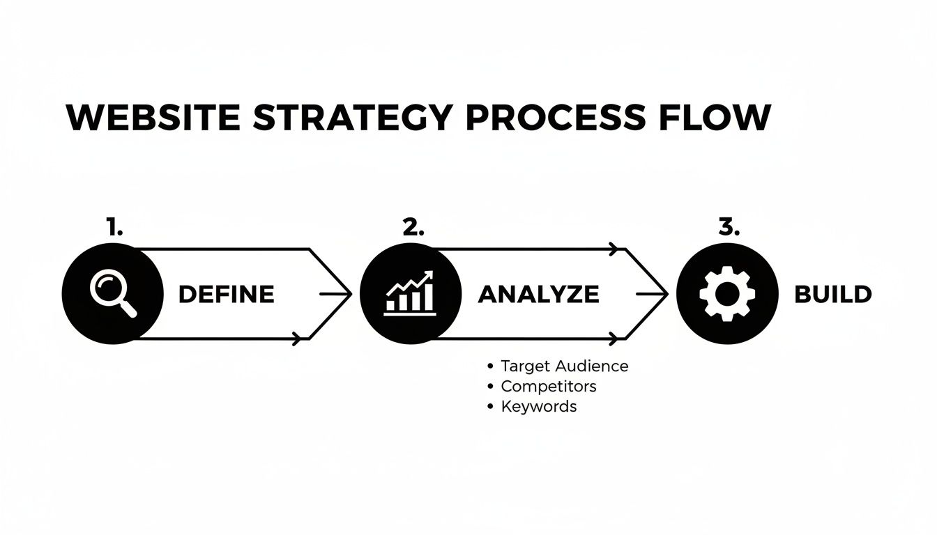 Website strategy process flow illustrating define, analyze target audience, competitors, keywords, and build phases.