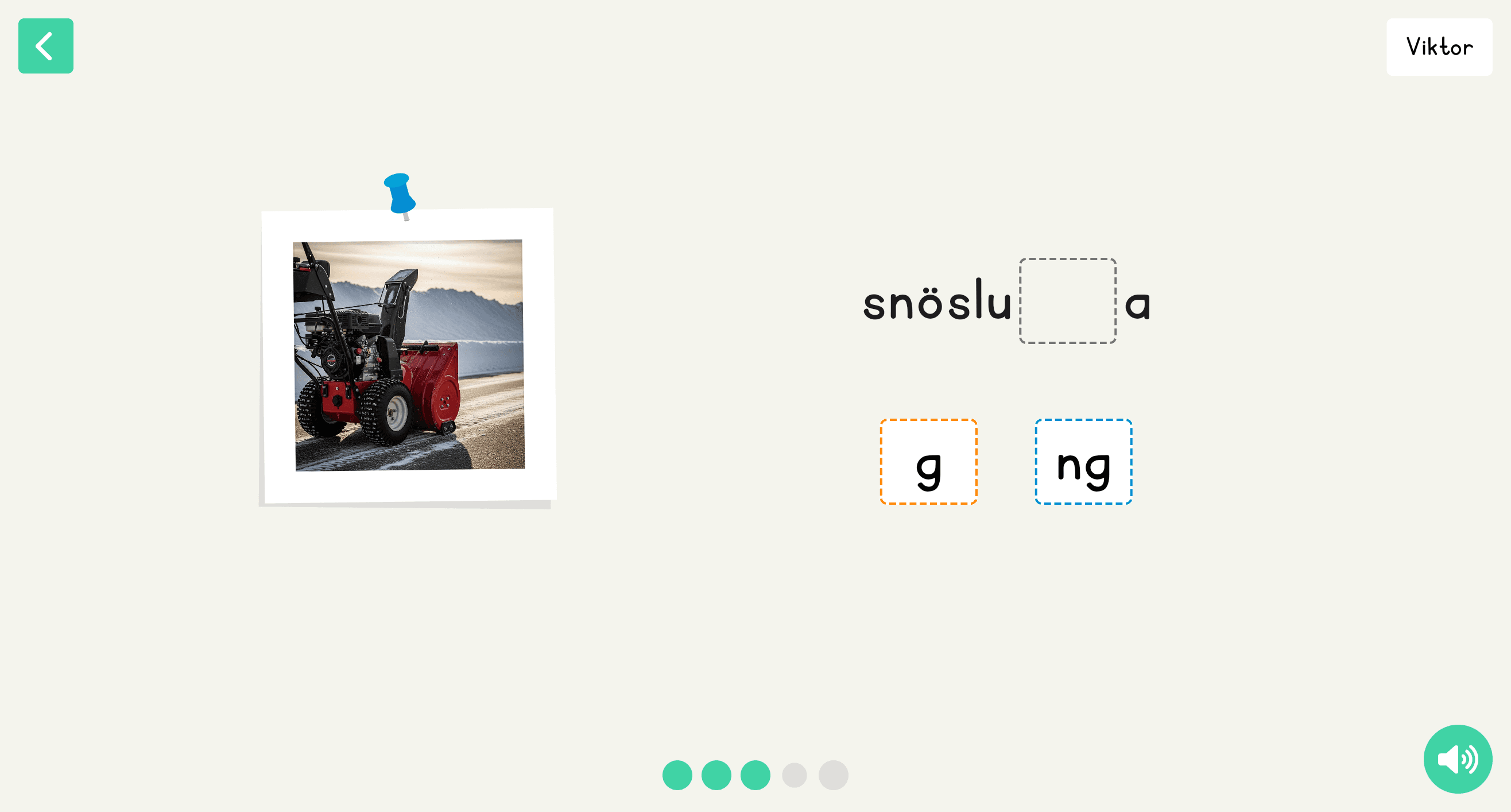 Övningen Språkljud med bildstöd: ett foto av en snöslunga bredvid ordet snöslu_a med valen g och ng