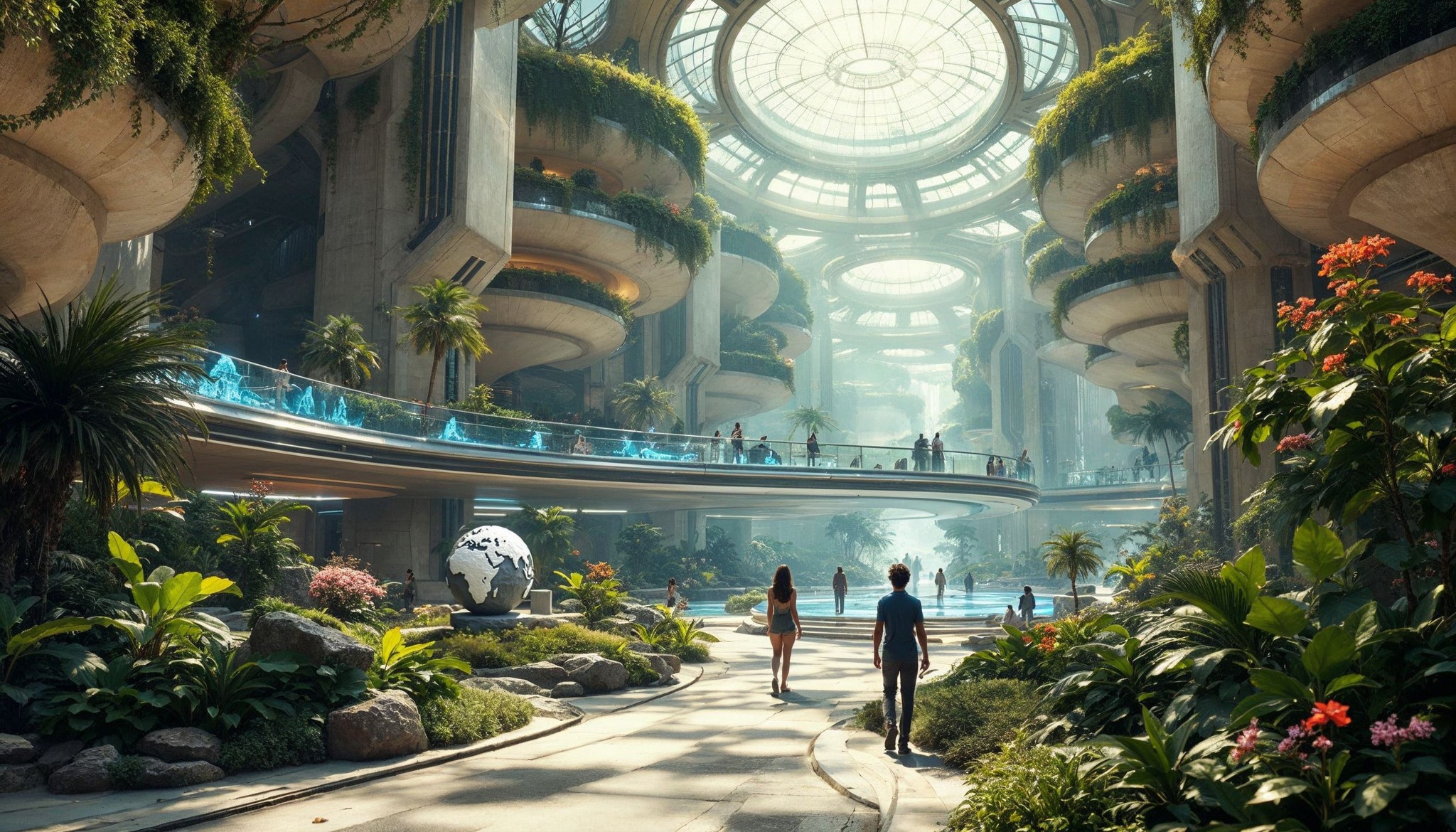 Futuristic indoor garden with lush greenery, vibrant flowers, a sculpture of planet Earth, and a water feature. People stroll along pathways and a walkway above. A large glass dome ceiling lets in natural light, illuminating the scene.