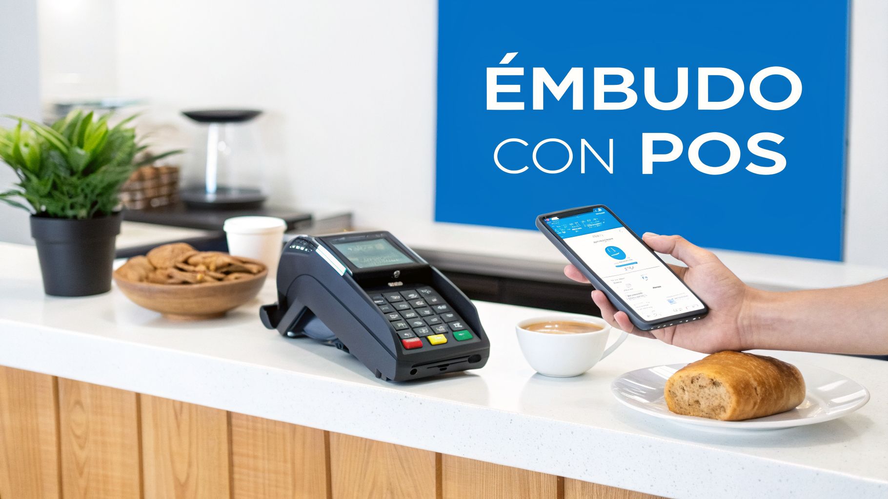 Terminal POS, smartphone y café en mostrador de tienda. Destaca un embudo de ventas con punto de venta.