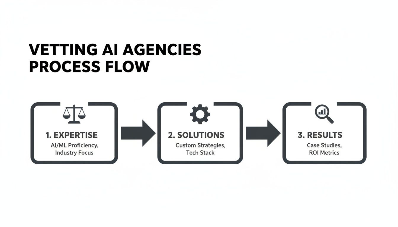 Flowchart illustrating the three-step process for vetting AI agencies: Expertise, Solutions, and Results.