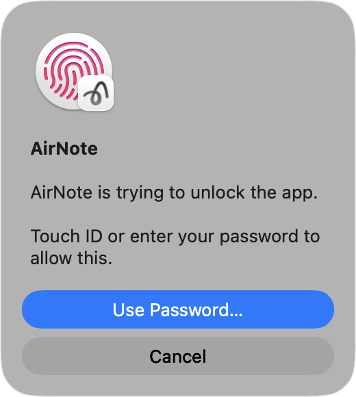 The macOS Touch ID prompt for AirNote, with Use Password and Cancel buttons.