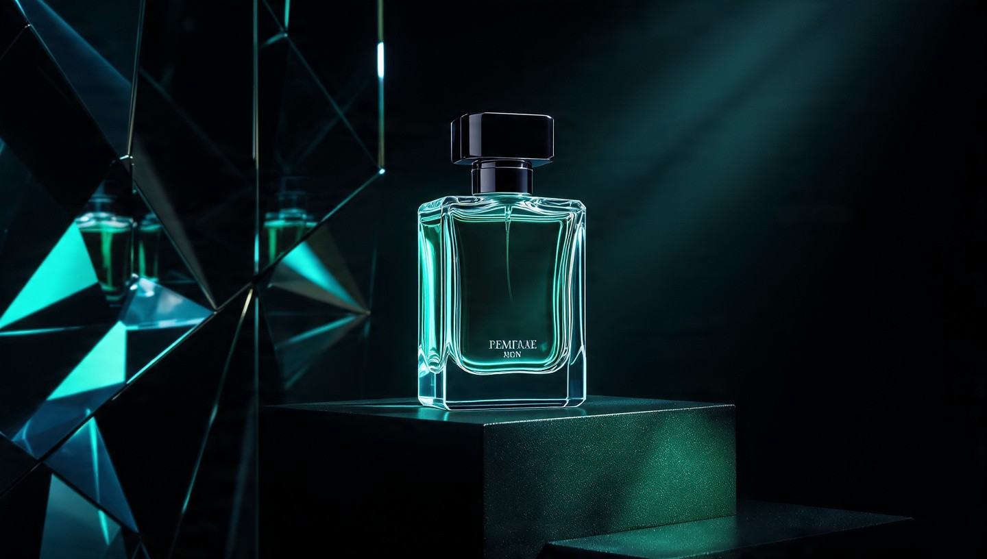Elegant square perfume flacon containing luminous emerald-green liquid, black rectangular cap, labeled "FEMEAE MON" in subtle lettering, spotlighted with intense turquoise rays against a shattered crystalline structure in shades of blue-green.
