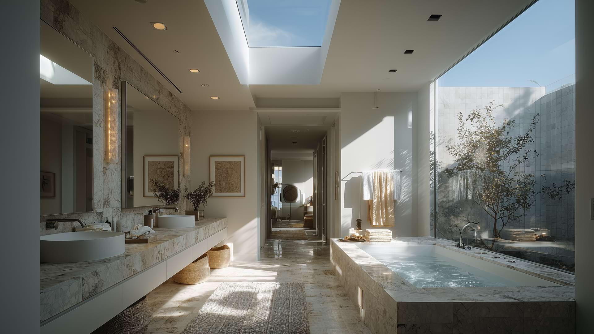 Modern bathroom with marble fixtures and skylight. Sunlit bathtub, large mirrors, elegant decor, and a serene atmosphere with natural tones.