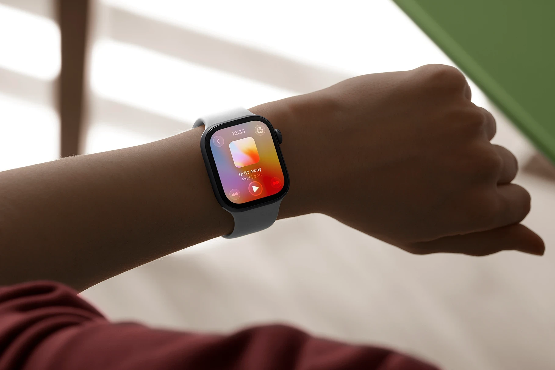 Apple Watch Series 11 wrist mockup featuring a colorful app screen in a modern lifestyle presentation scene.