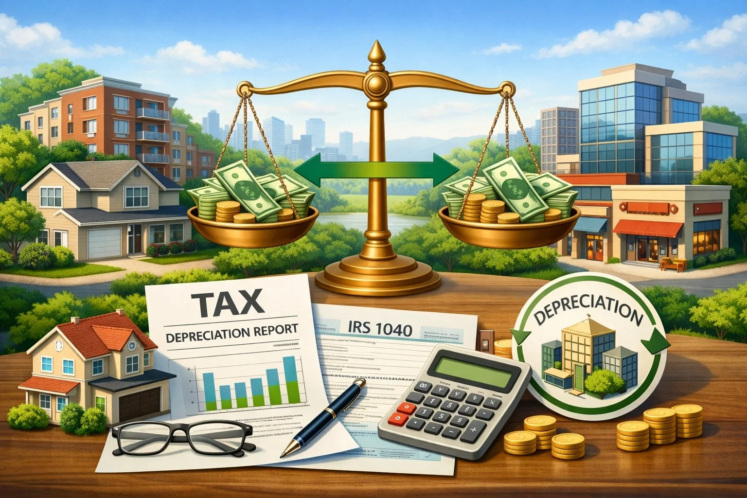 Overview of residential and commercial properties with balanced cash flow arrows and tax documents, symbolizing planned depreciation.