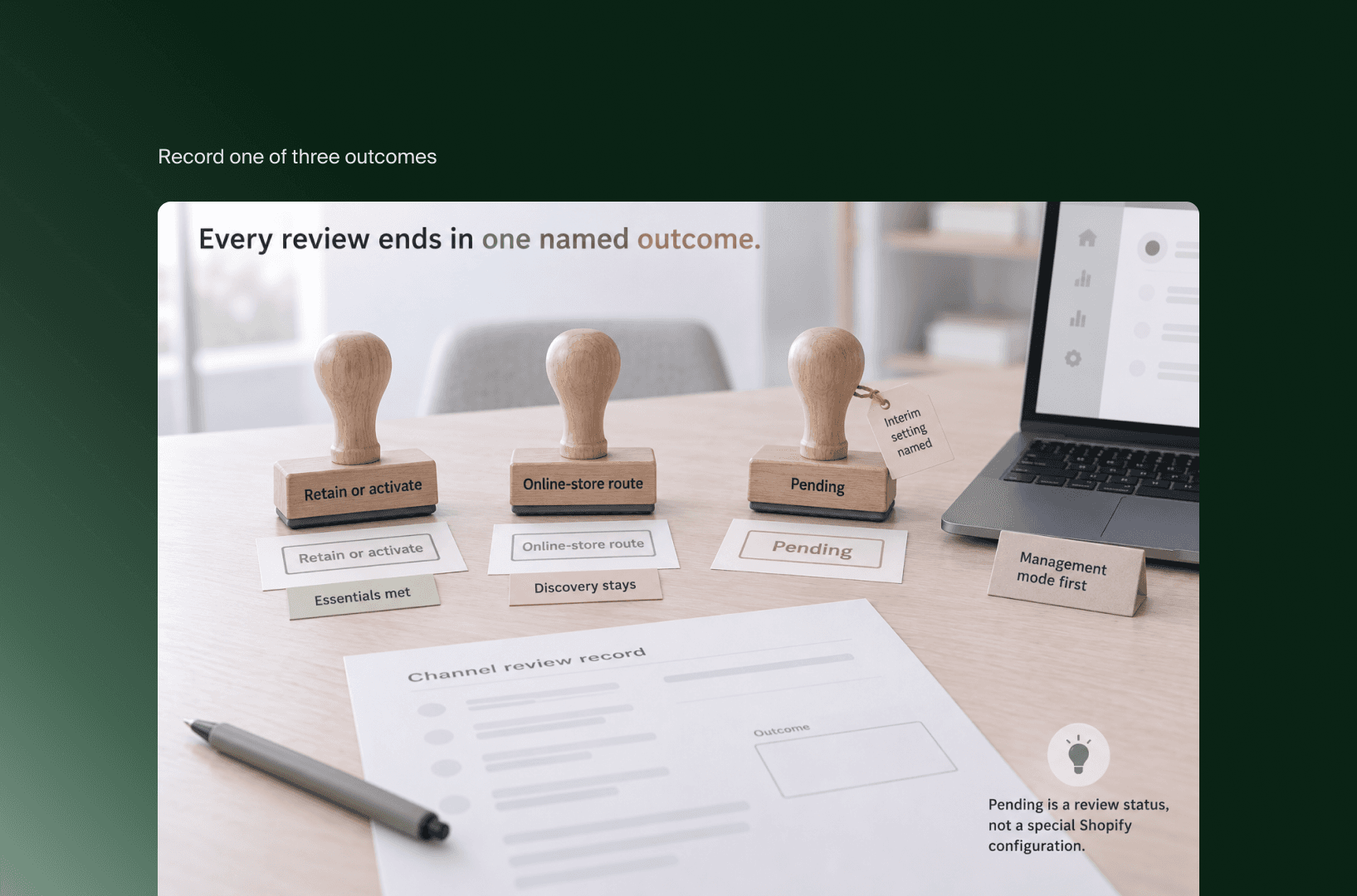 Drei Stempel für das Ergebnis des Meta-Direct-Checkout-Reviews: beibehalten oder aktivieren, Onlineshop-Route oder offen