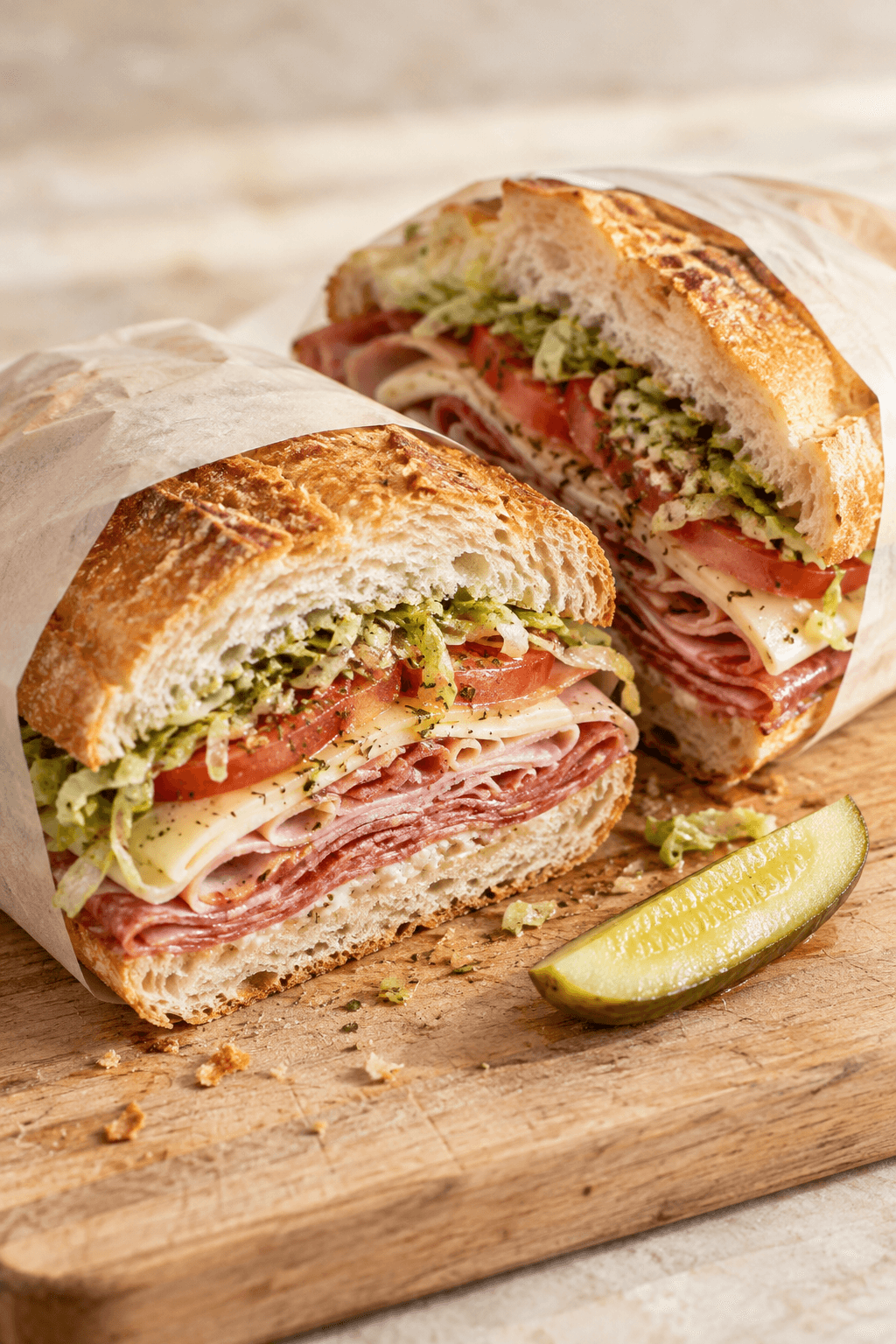 Italian deli sandwich halves wrapped in plain parchment with a pickle on a wooden board