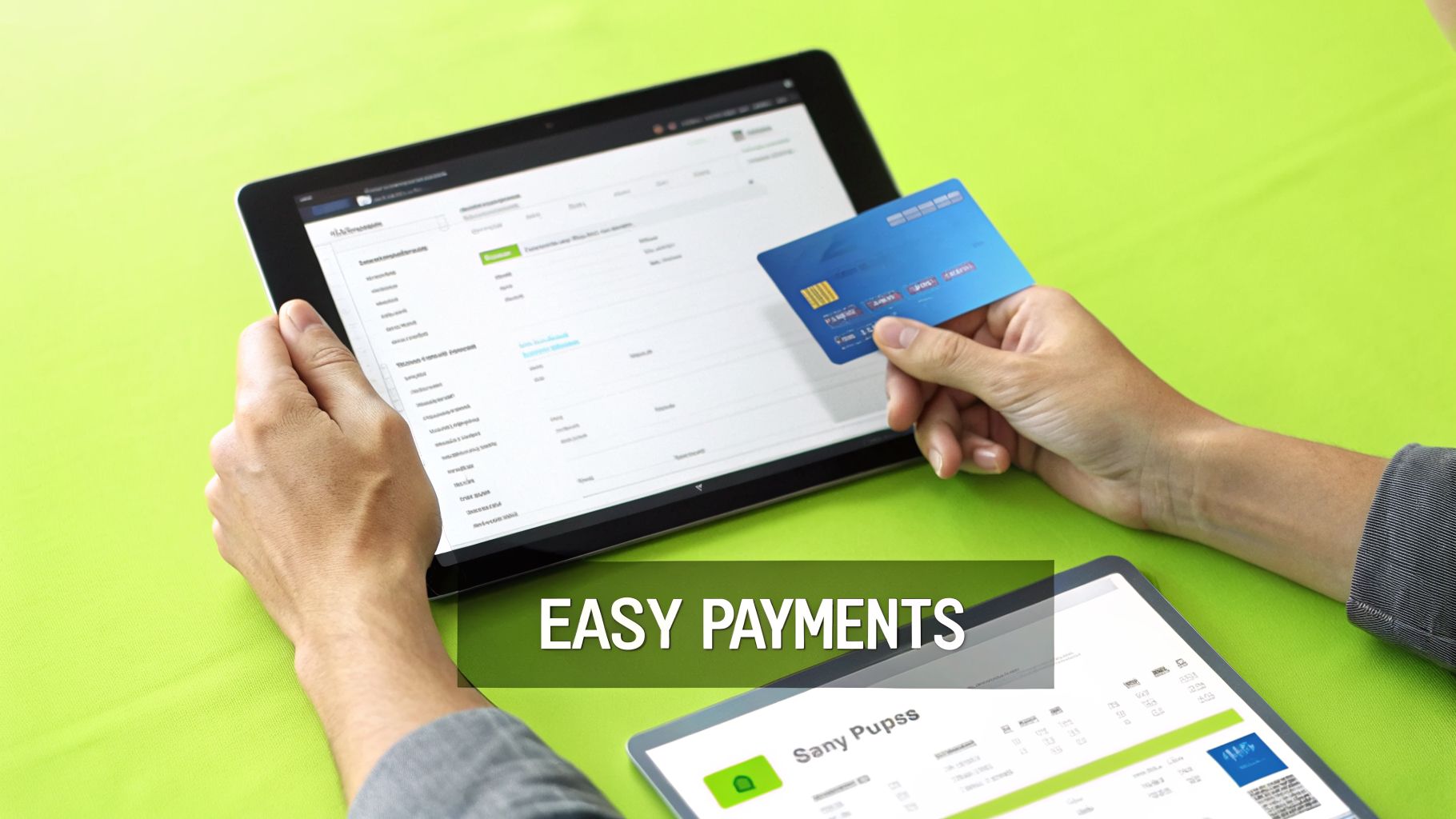 A person making easy online payments with a credit card and a digital tablet.