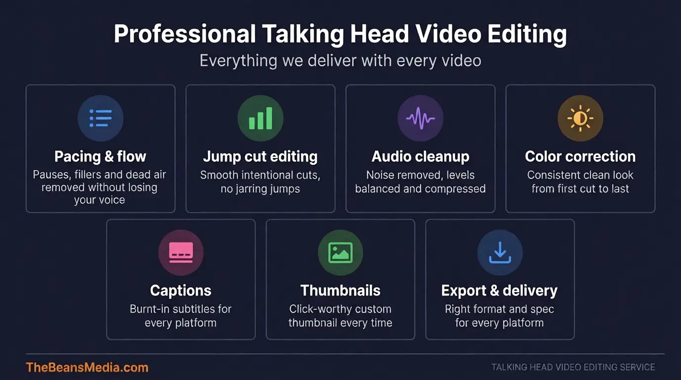 What is included in a professional talking head video editing service?