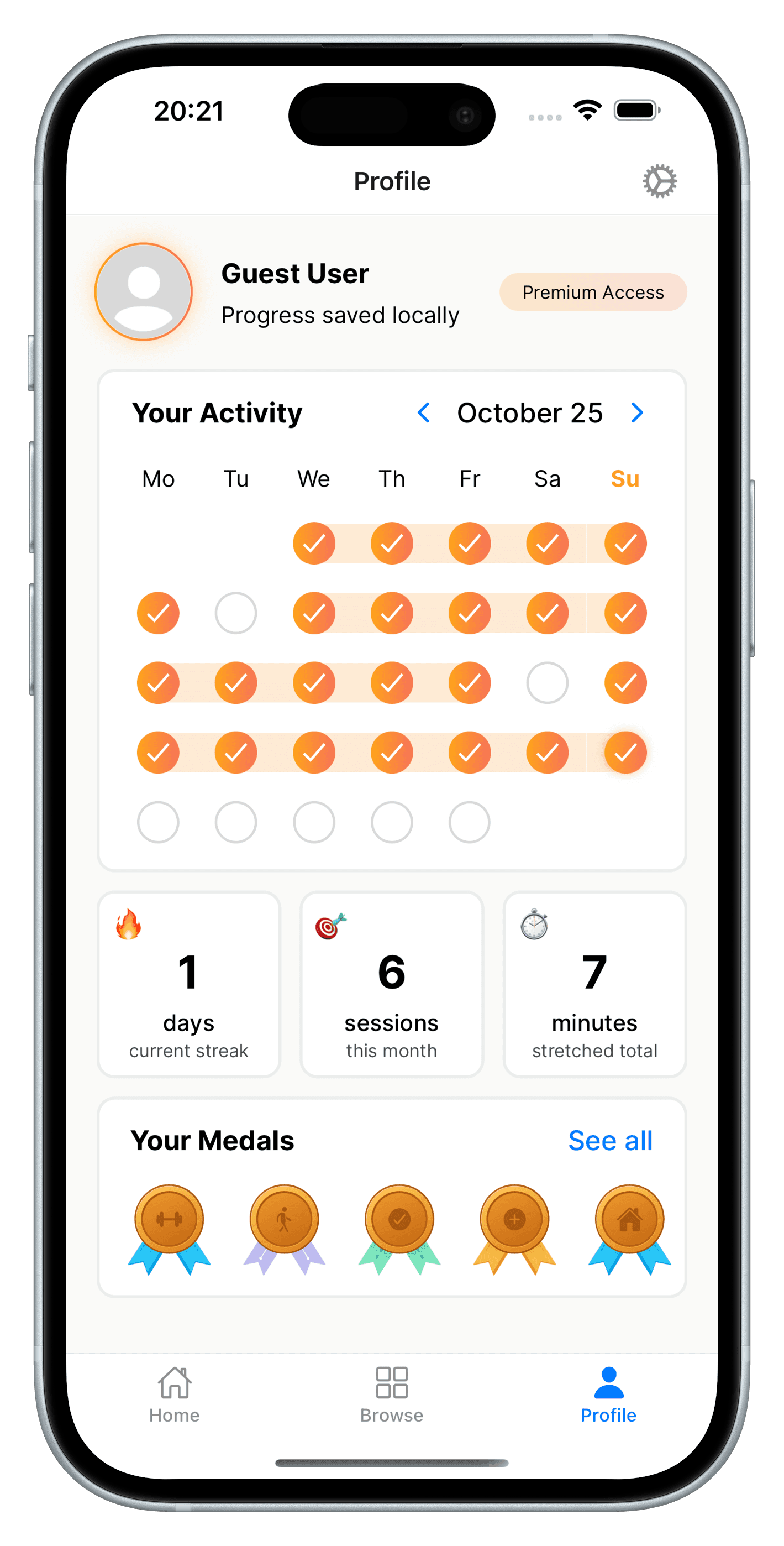 Iphone screenshot showing the SportStretch app open on the profile page. The page shows that the user is a guest user, it shows their monthly stretching activiery and it shows all the medals the user has collected.