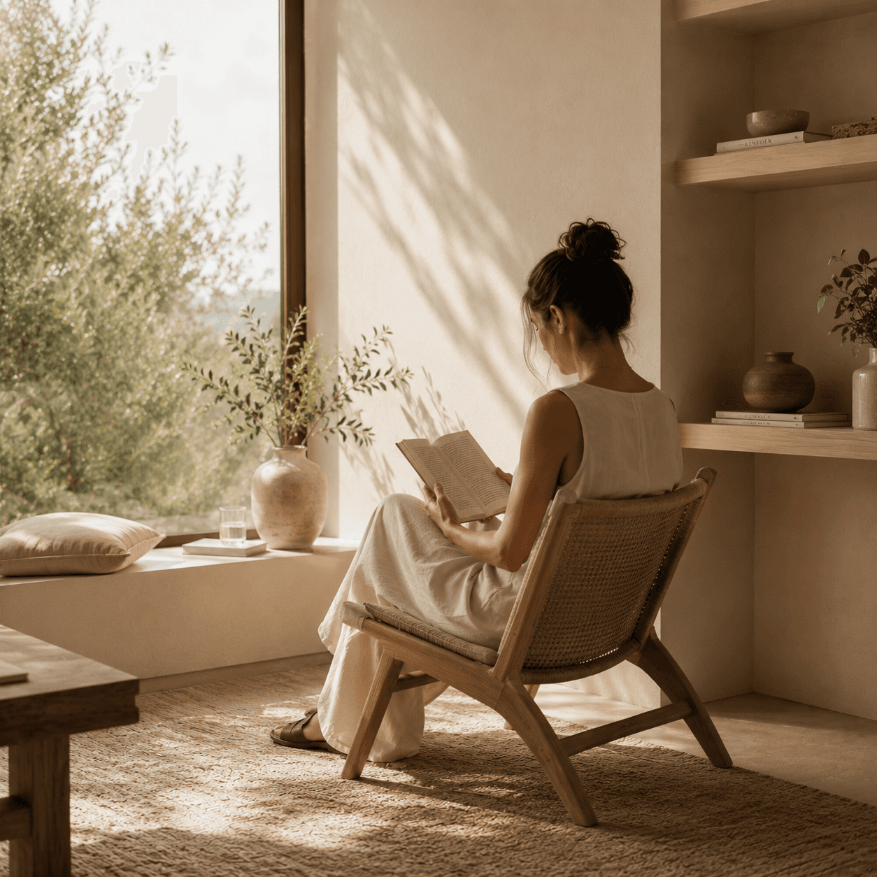 Woman relaxing in a comfortable chair beside a large window in a calm sunlit interior