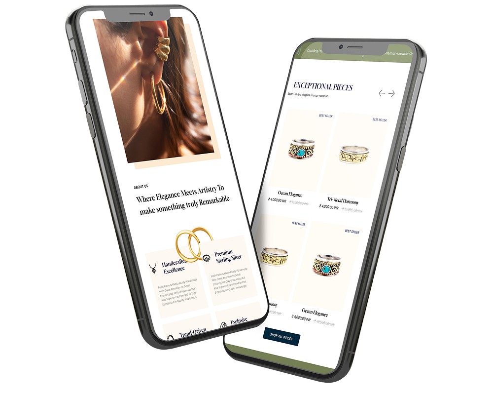 Two mobile phones displaying a jewelry website; one showing a section titled 'Where Elegance Meets Artistry To make something truly Remarkable' with an image of a person wearing large hoop earrings, and the other showing a section titled 'Exceptional Pieces' featuring various rings for sale