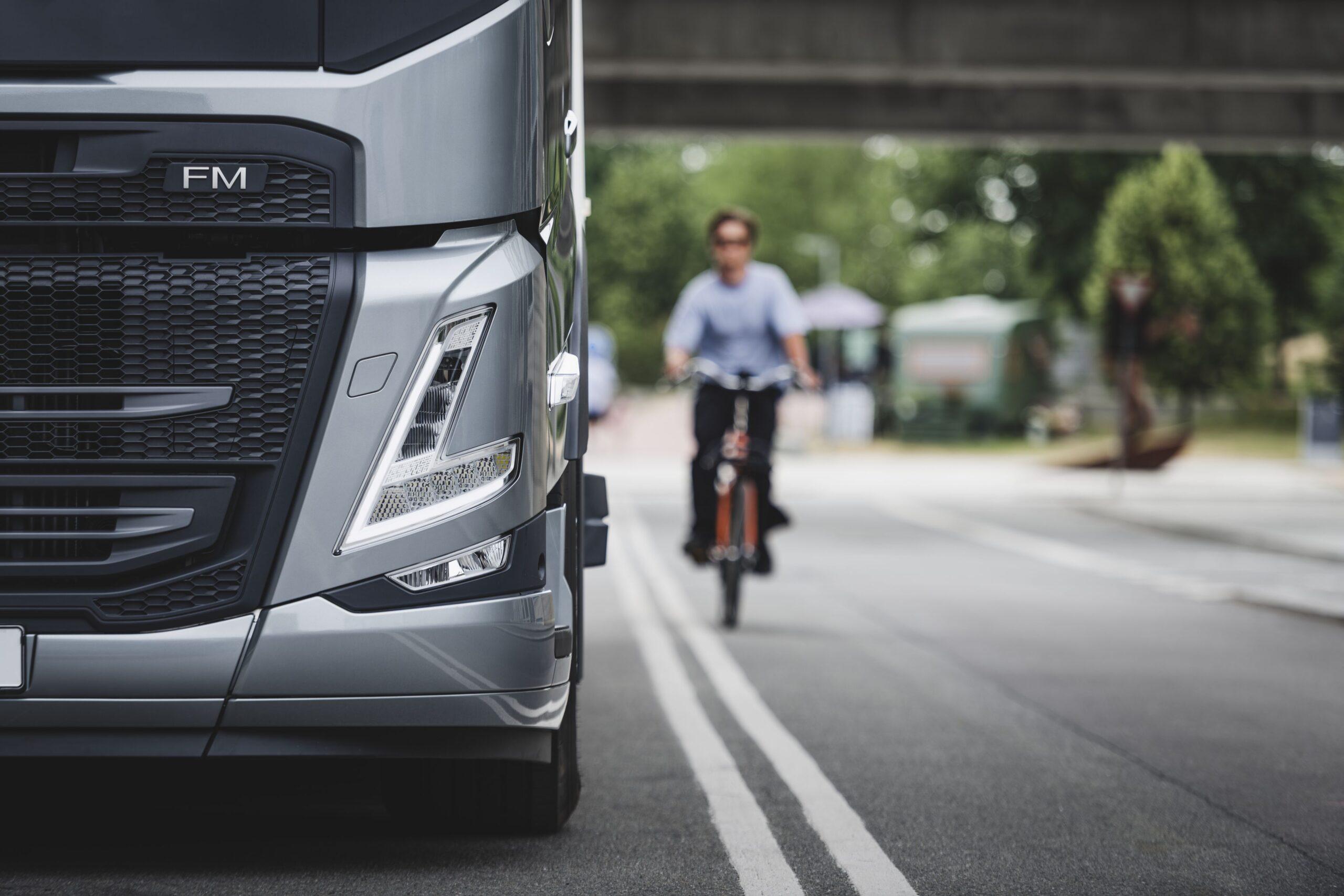 Volvo truck with pedestrian detection system activated, illustrating the vehicle’s advanced safety features.