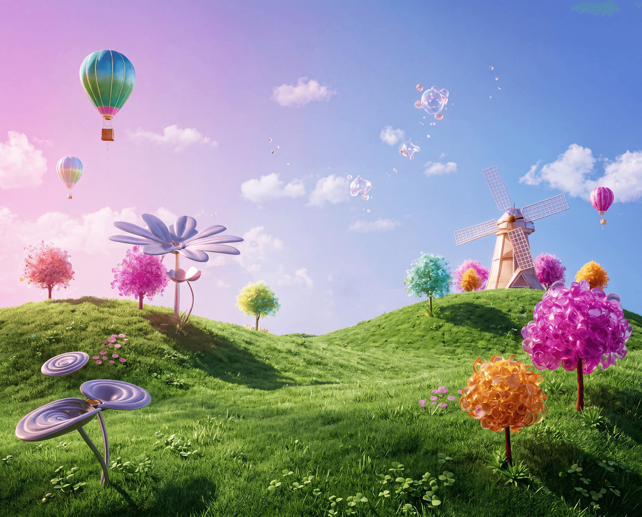 Ai generated sunny field with windmill and pink trees