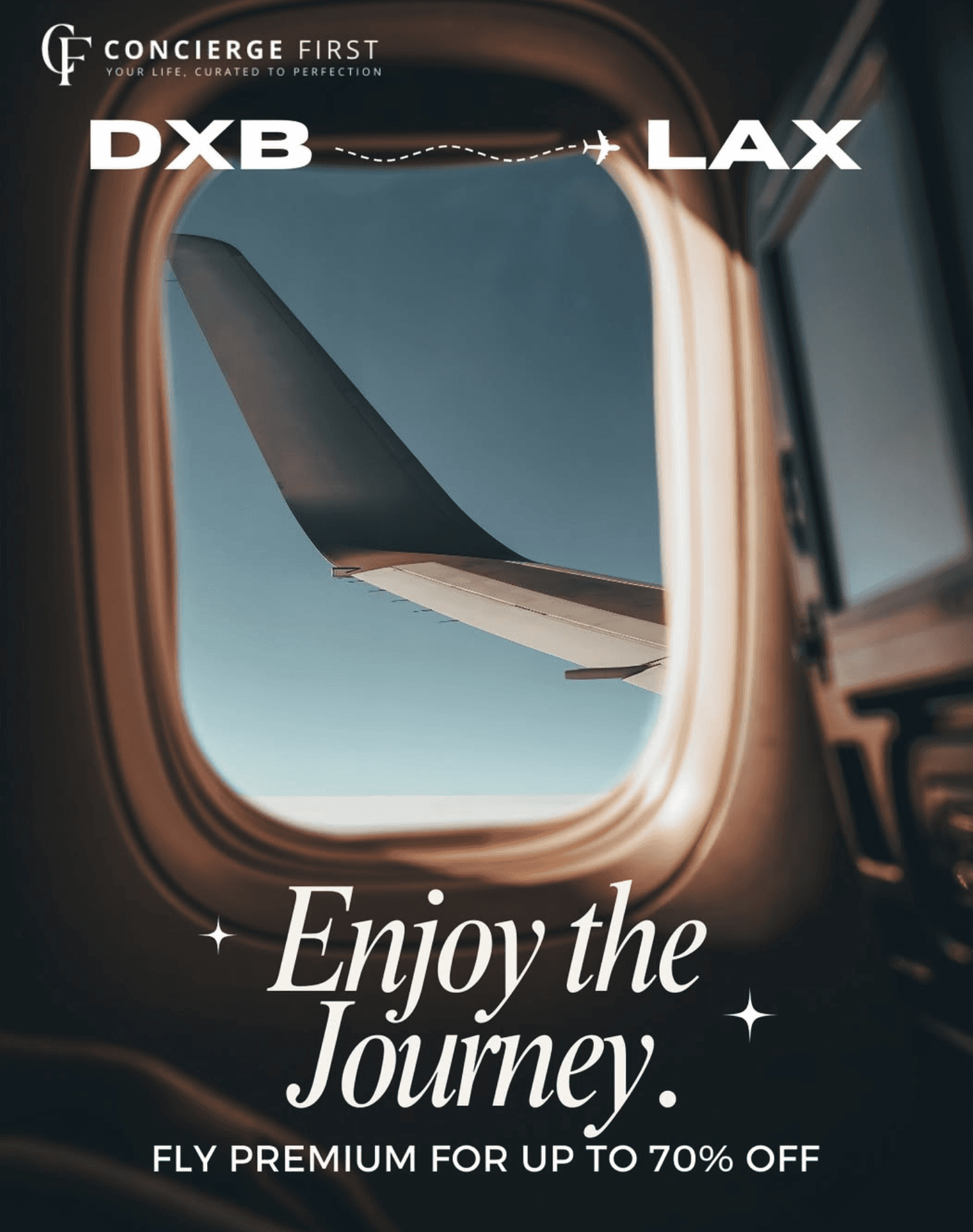 View of a plane wing from an airplane window with a "Fly Premium up to 70% Off" travel ad, DXB to LAX.