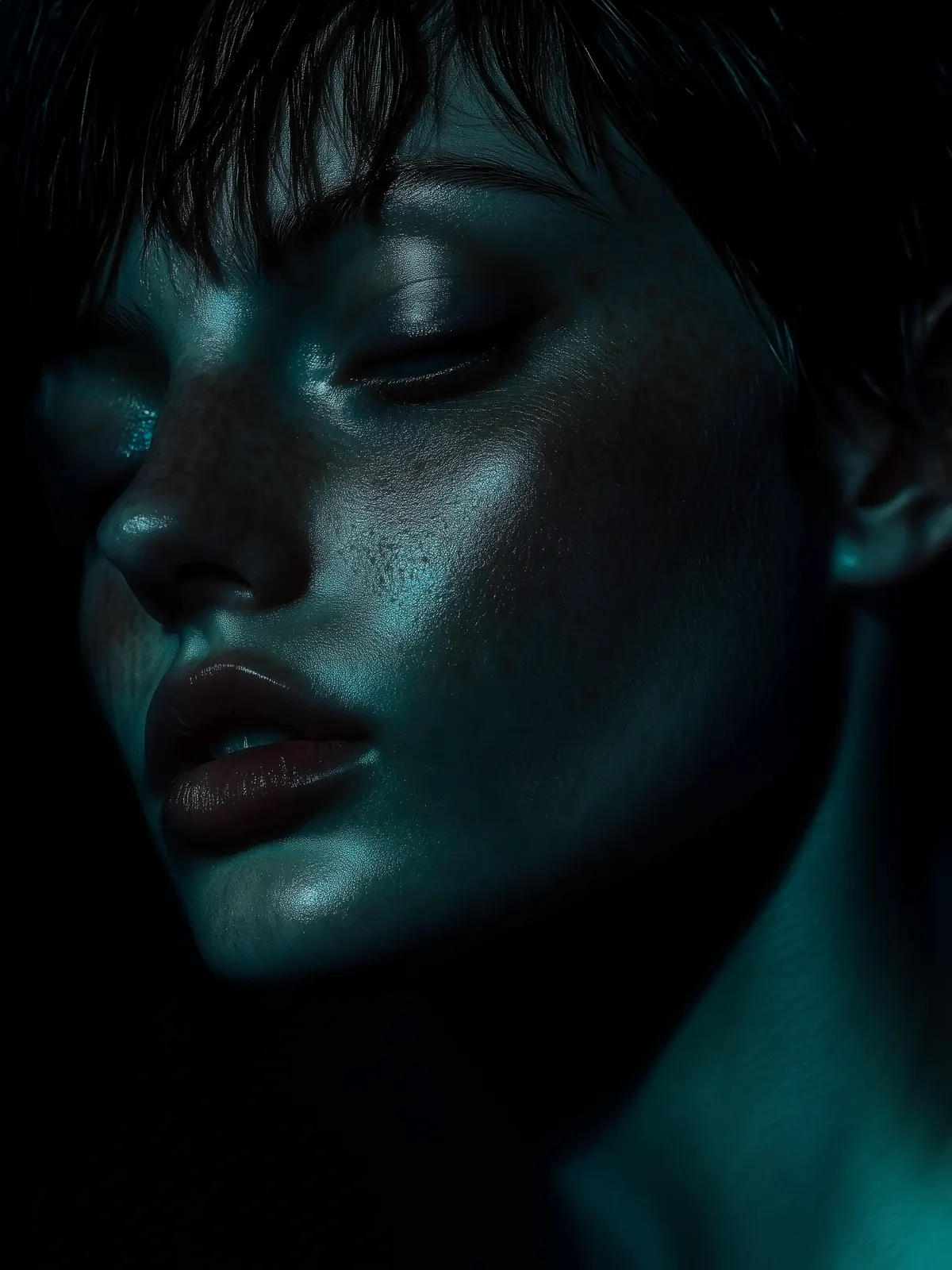 Blue-lit close-up portrait with closed eyes and dark lips.