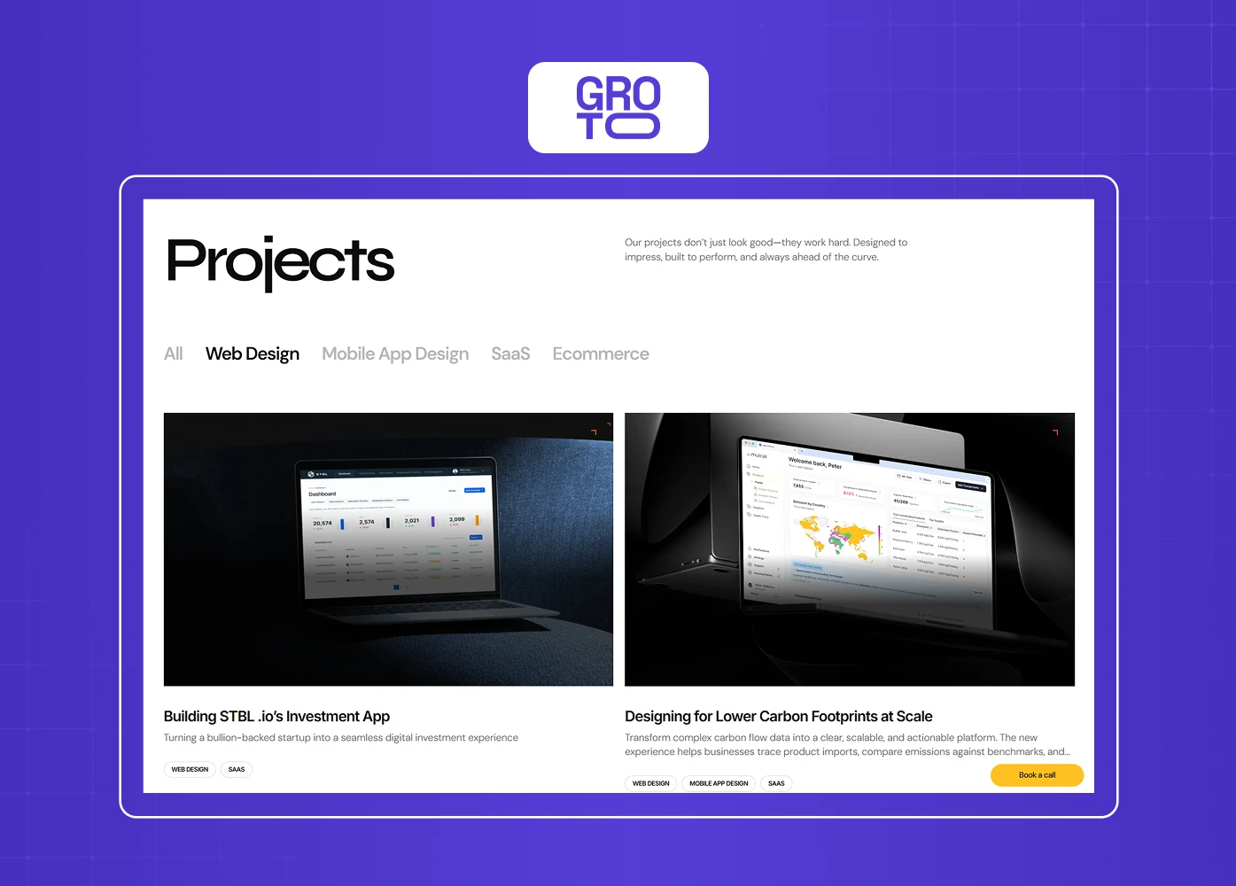 The Groto projects page presents web design and SaaS case studies using category filters and visually rich portfolio previews. 