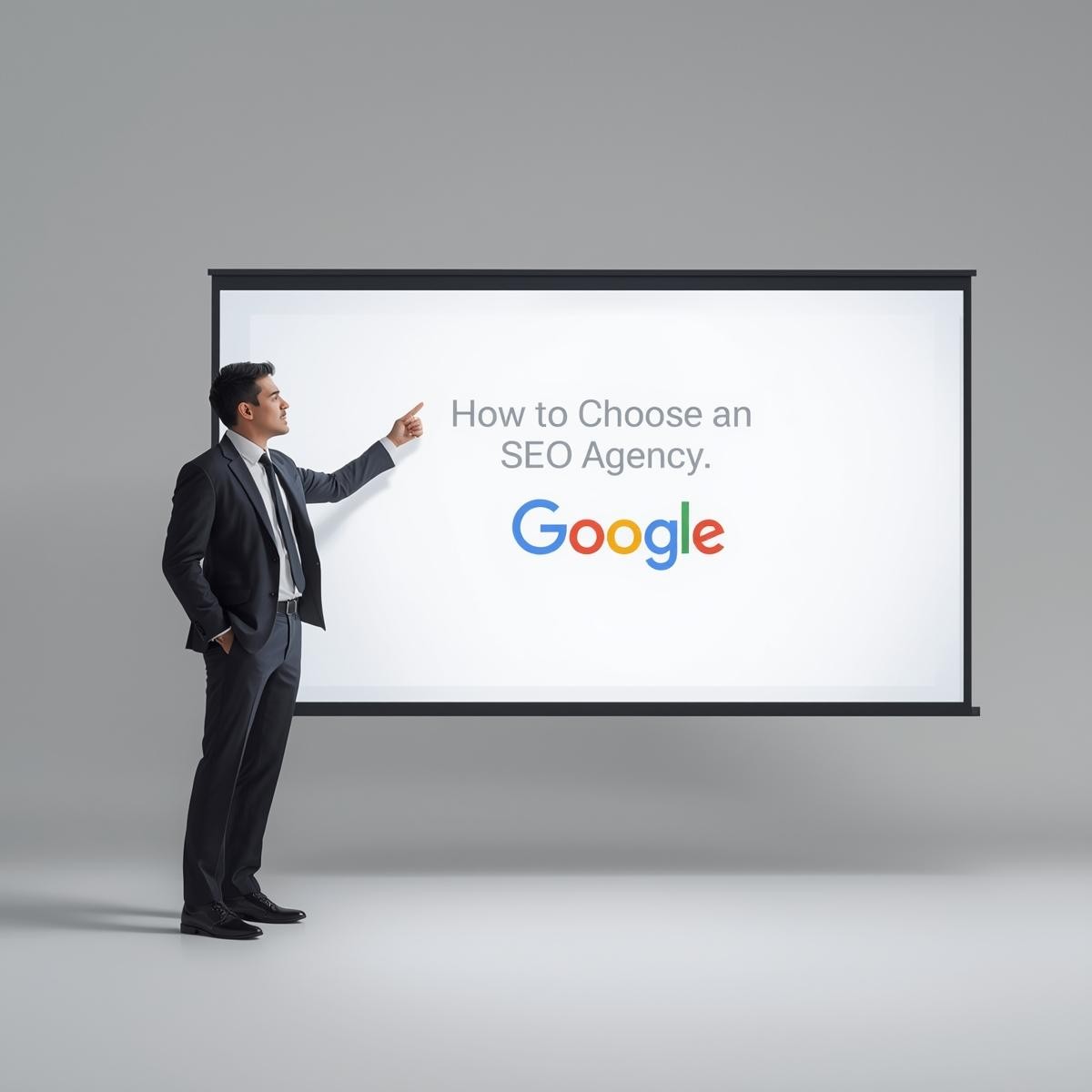 A high-quality professional stock photo depicting a business professional in Dubai pointing to a digital presentation screen displaying "How to Choose an SEO Agency," with clean composition, excellent lighting, and sharp details, conveying expertise and strategic guidance.