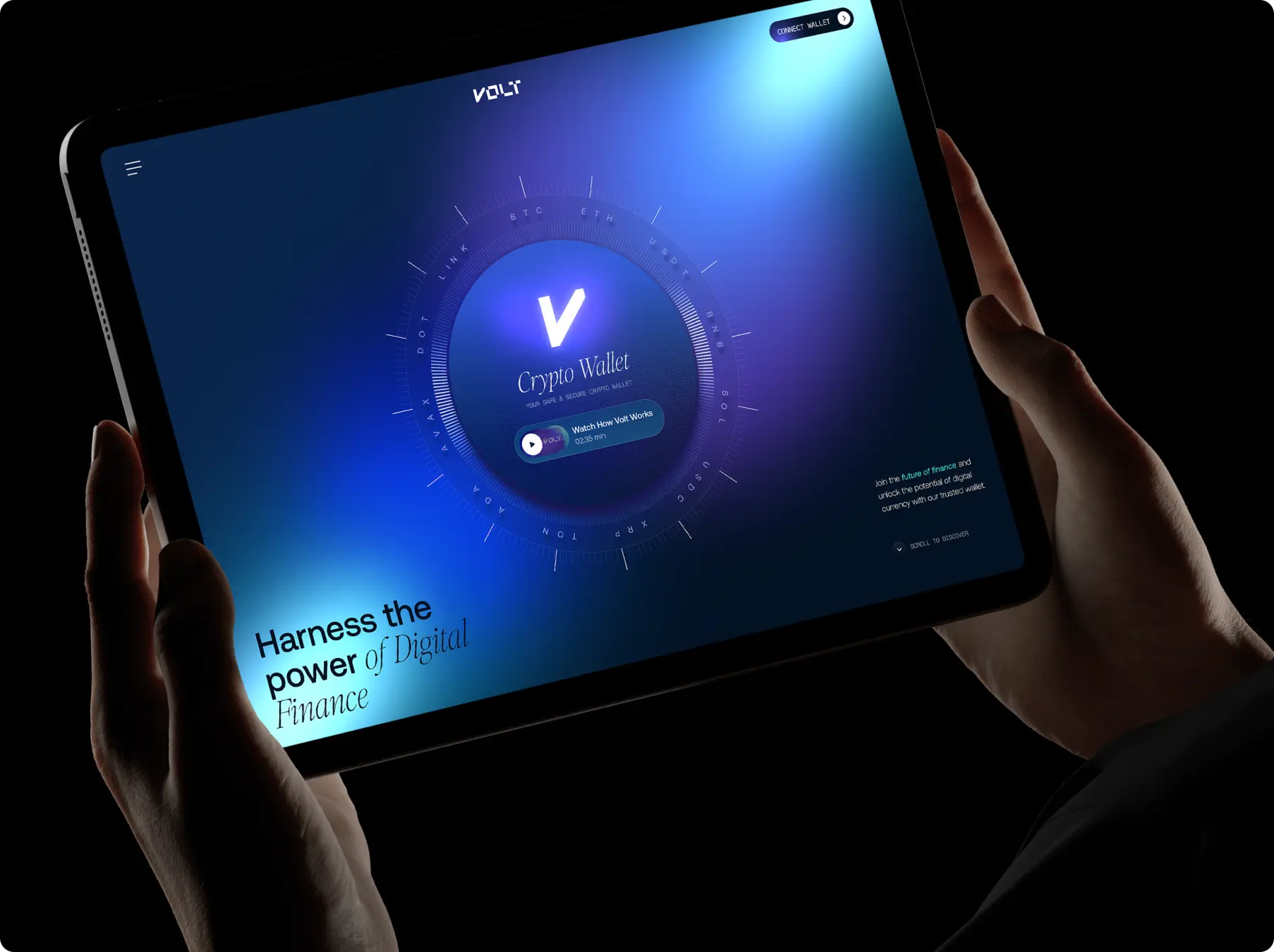 Hands hold a tablet displaying a glowing Crypto Wallet interface, with “Harness the Power of Digital Finance” text in a futuristic blue-lit setting.