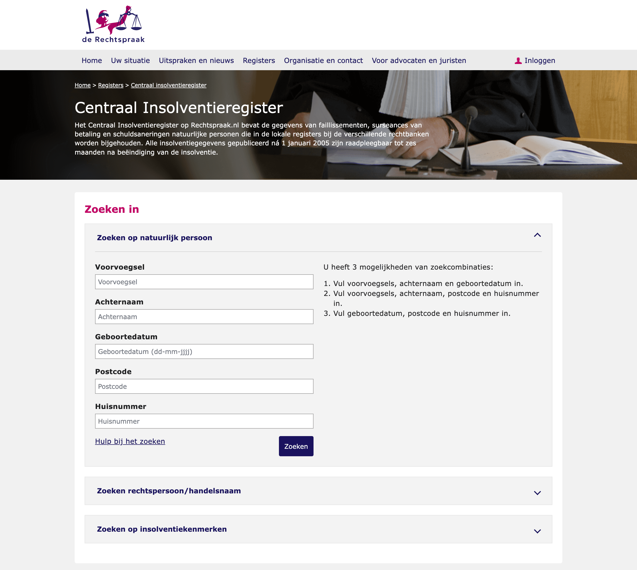 Page de recherche du registre central néerlandais des insolvabilités sur rechtspraak.nl, avec trois options de recherche : par personne physique, par entité juridique ou nom commercial, et par référence d'insolvabilité
