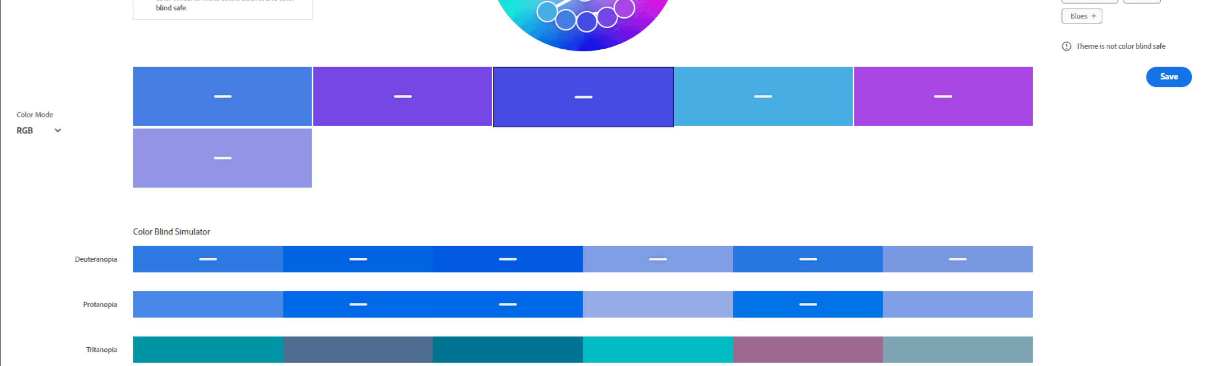 Color-blind safe palette creator tool of Adobe Color, with simulations of the different color blindness types
