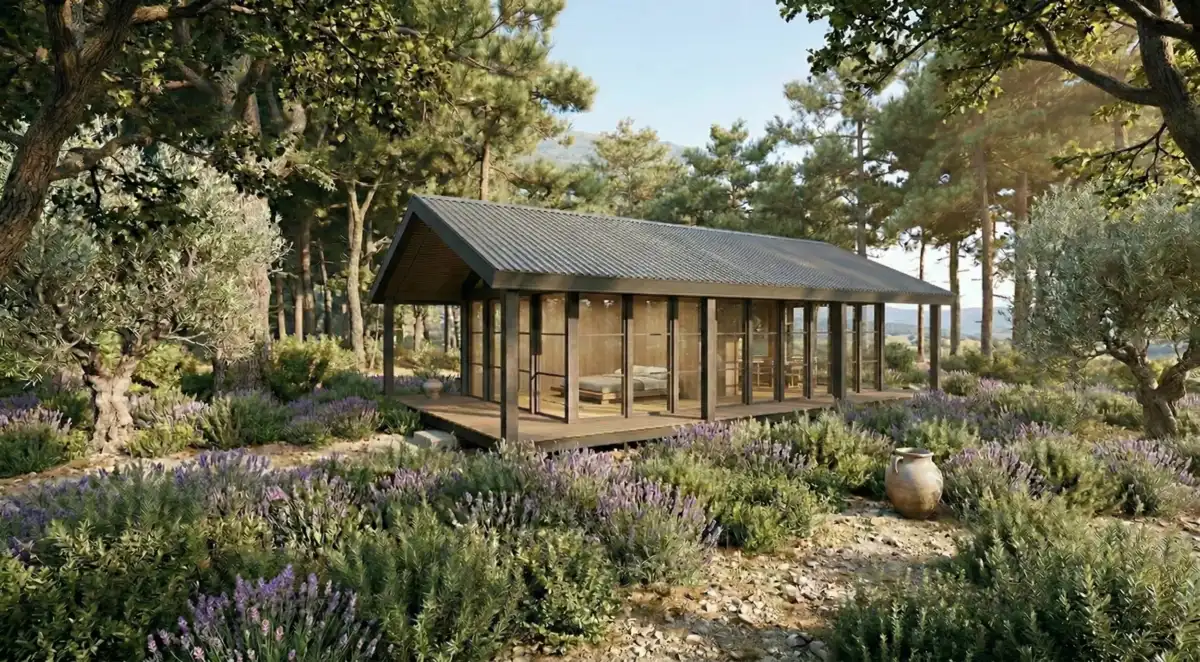Écolodge Koya Copacabanon dans un jardin de chênes et lavande, terrasse en bois et baies vitrées