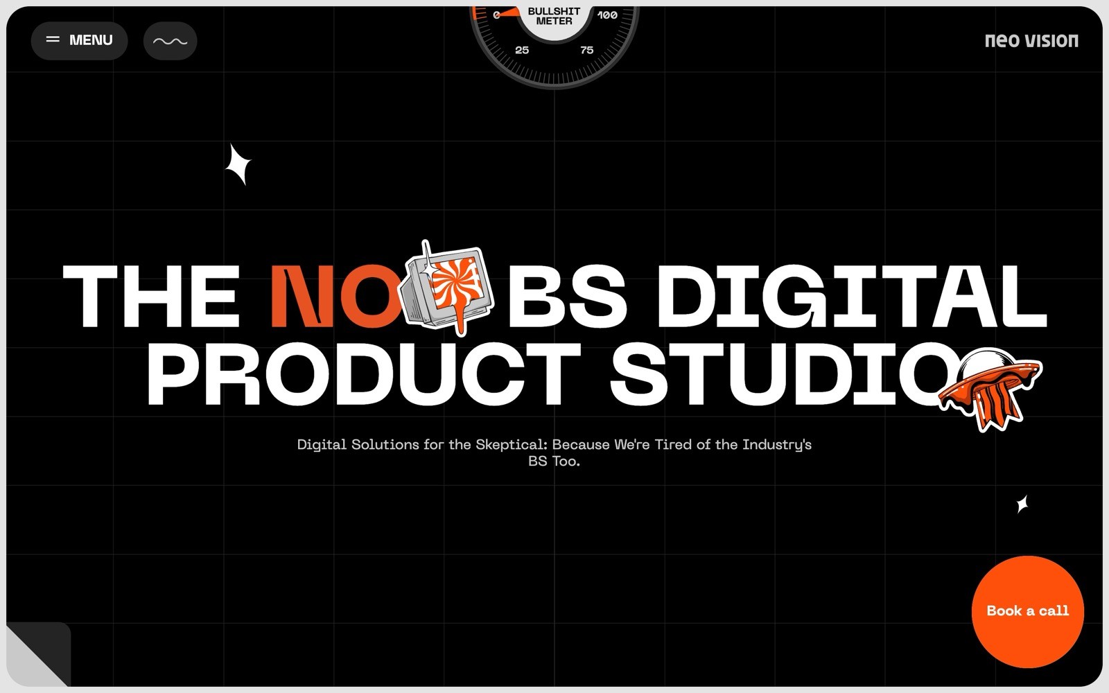 The text "THE NO BS DIGITAL PRODUCT STUDIO" on a black grid background with a paper cup and rocket illustrations. "Book a call" button in orange.