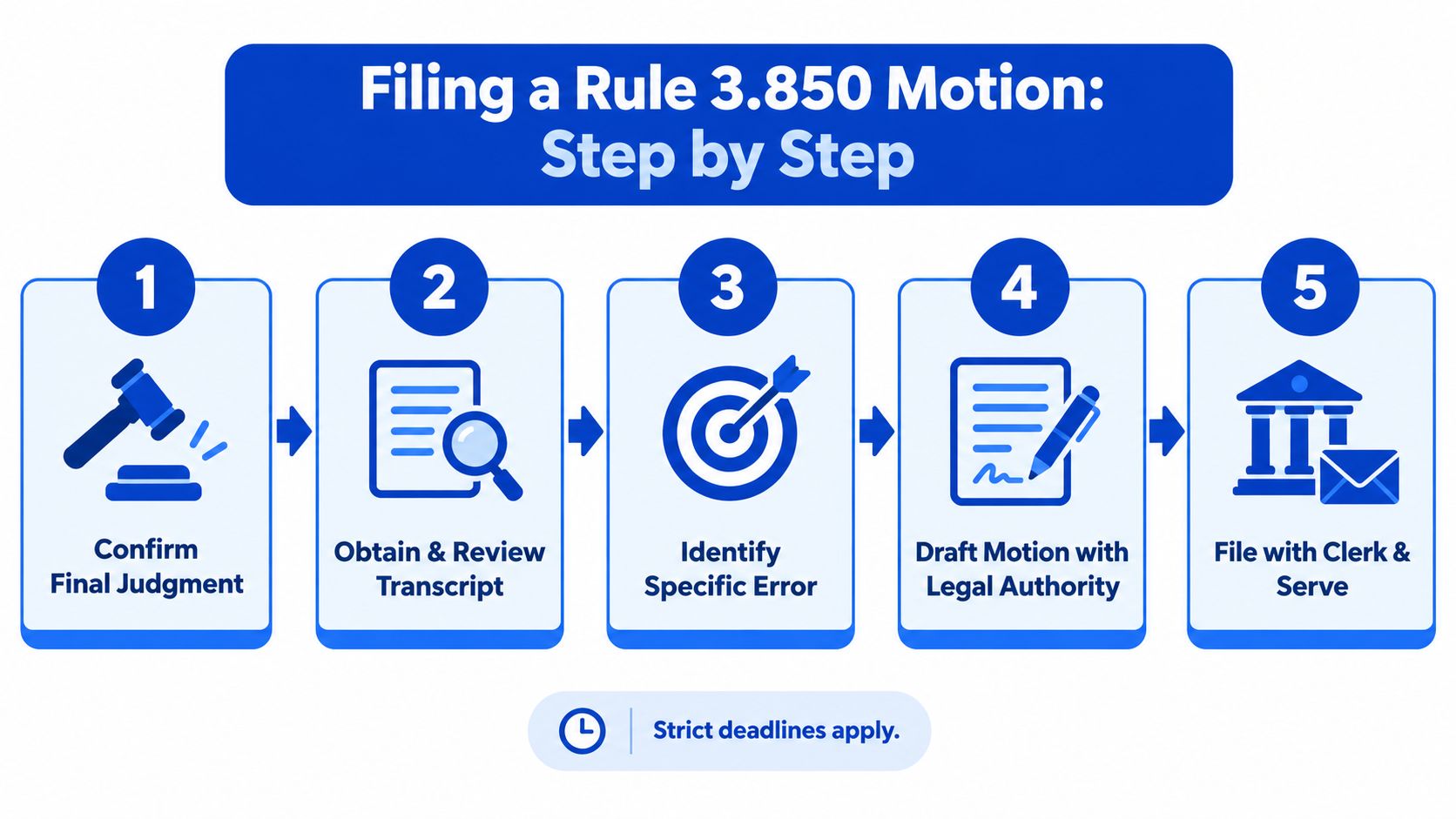 A five-step infographic showing the legal process for filing a Rule 3.850 motion for post-conviction relief.