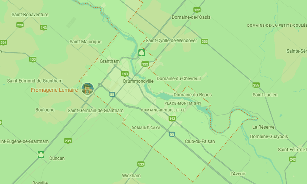 Carte montrant la zone de Drummondville étant desservie par B2Web, experts en sites web modernes et SEO-friendly