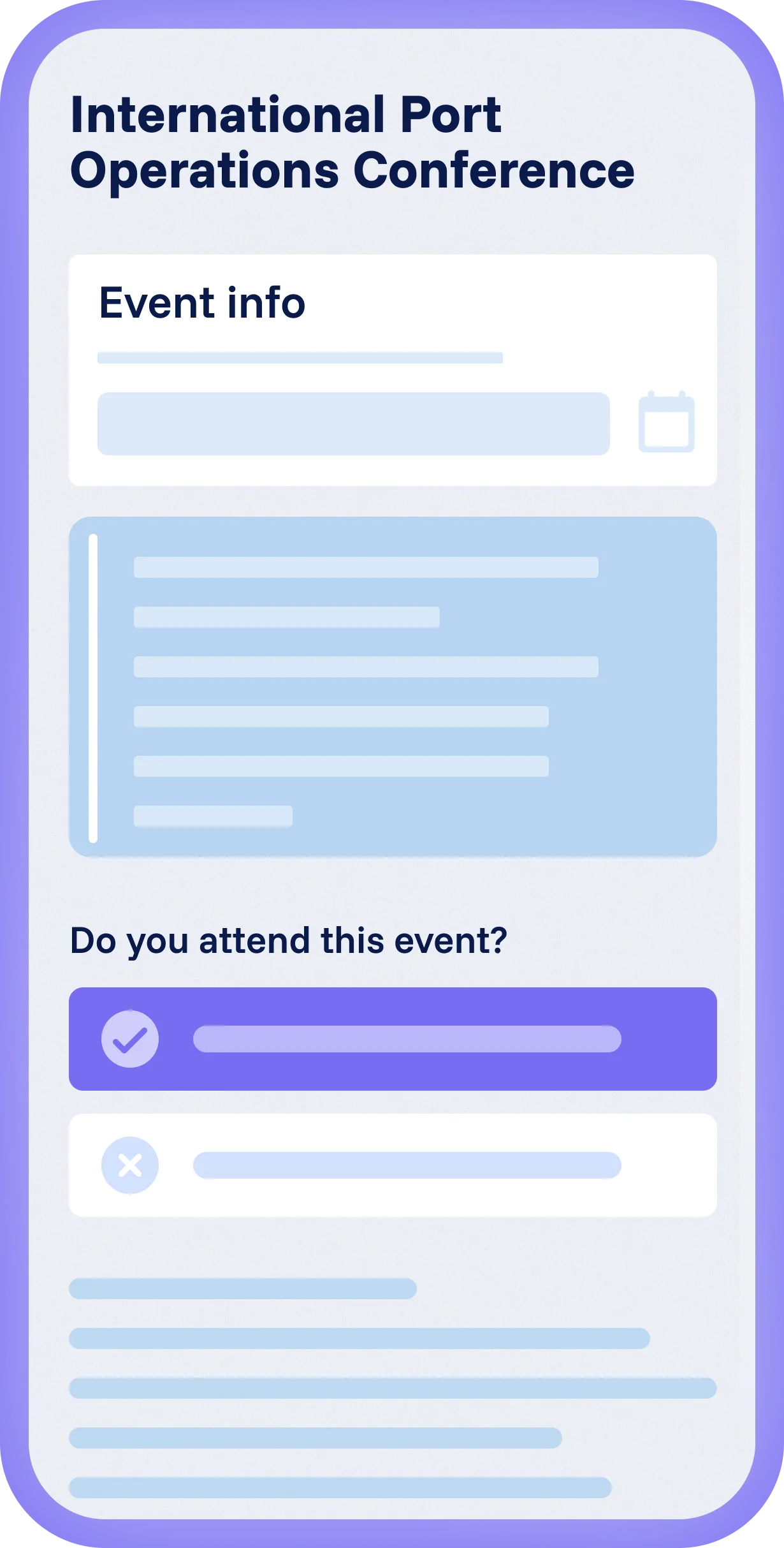 Spencer mobile event page with conference title, event information, date field, and RSVP option to confirm attendance