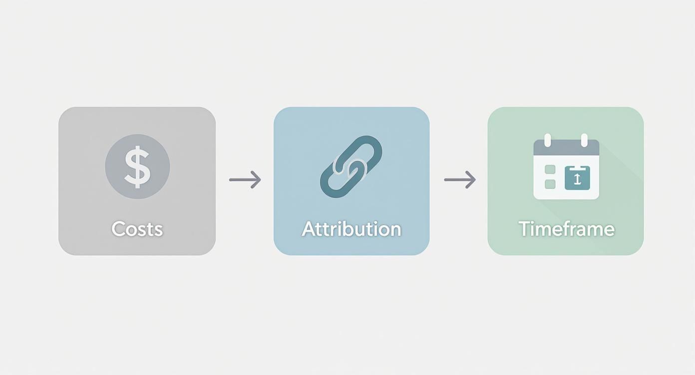Flowchart illustrating the steps for marketing ROI calculation: Costs, Attribution, and Timeframe.