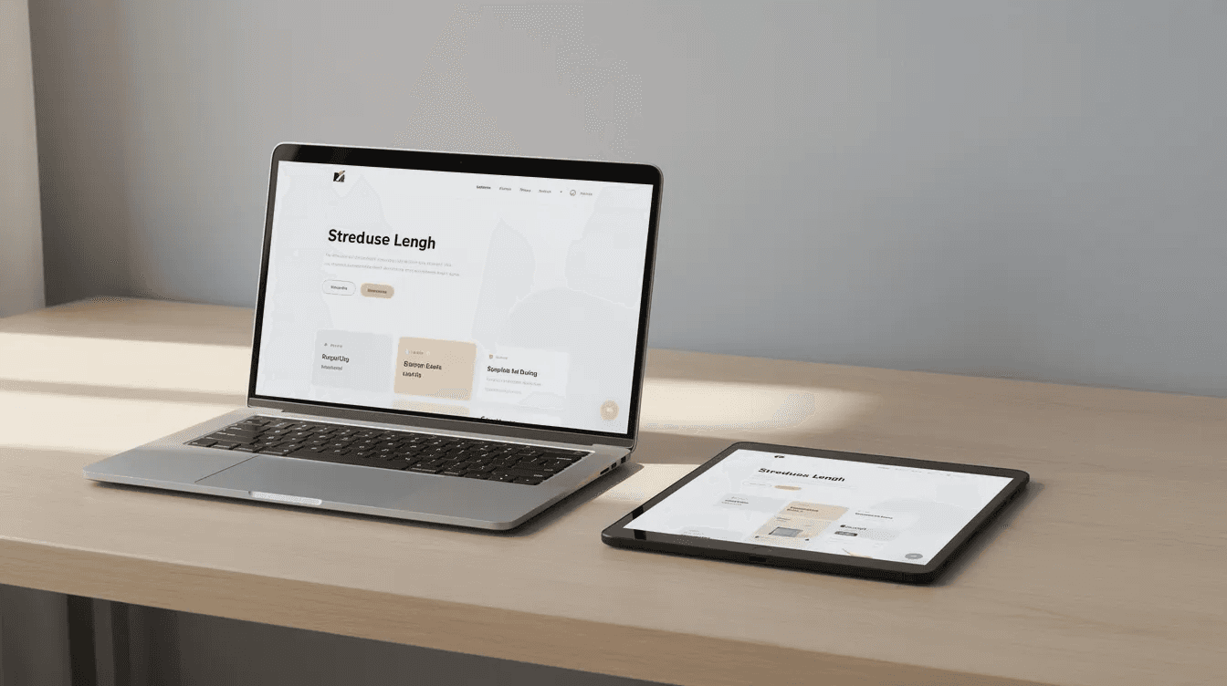 A laptop and tablet displaying a clean, modern website interface sit side by side on a minimal desk, showcasing innovative design solutions. This setup reflects the capabilities of a graphic design agency in Dubai, emphasising user experiences and brand identity through visually appealing digital design.