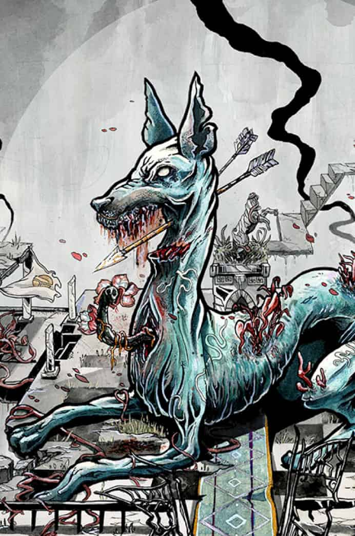 Album Cover painting of emaciated dog with arrows and snakes on decaying tiled platform with smoke, overgrowth, columns and a well