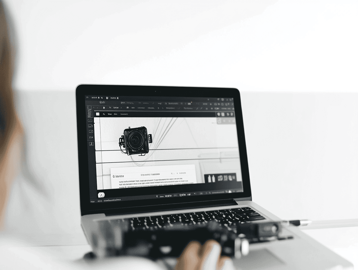 Person designing a 3D camera model on a laptop using professional 3D design software, showcasing precision modeling and technology in a modern workspace.