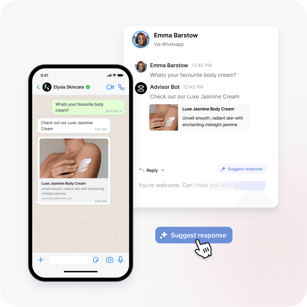 AI-driven customer interaction recommending a body cream on WhatsApp, with a suggested response feature for seamless support.