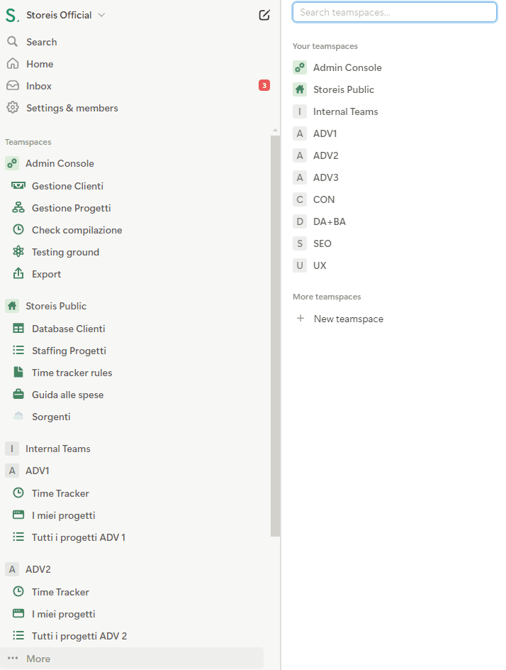 Divisione dei teamspaces nella sidebar del nuovo workspace Storeis