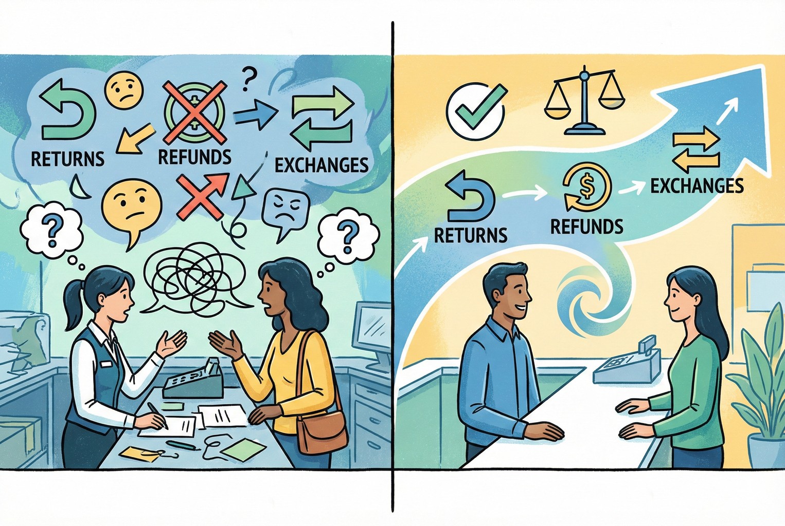 Illustration showing consistent returns and refund policies across in-store and online retail channels.