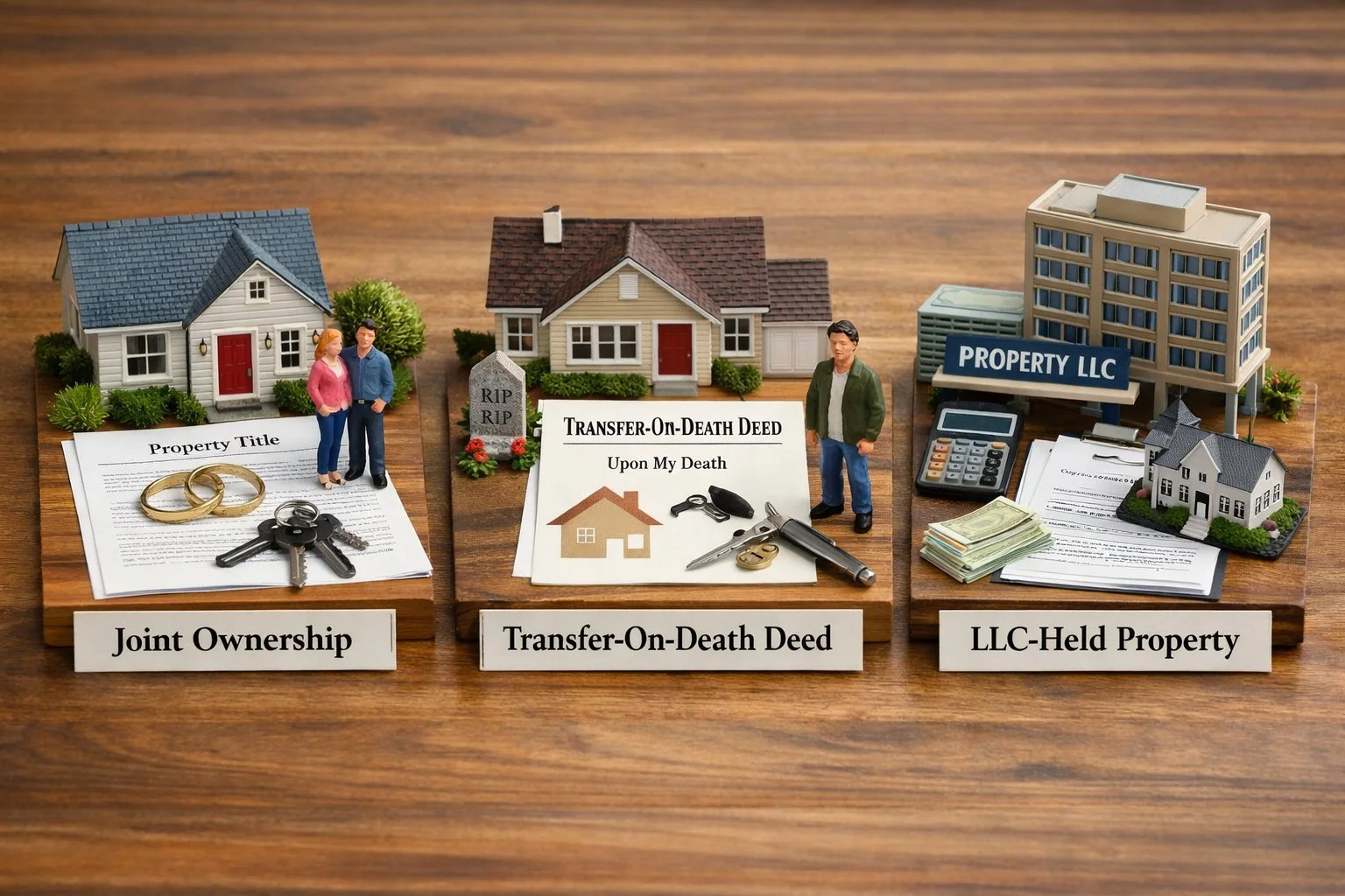 Side-by-side illustration comparing three property ownership types: joint ownership, transfer-on-death deed, and property held in an LLC.