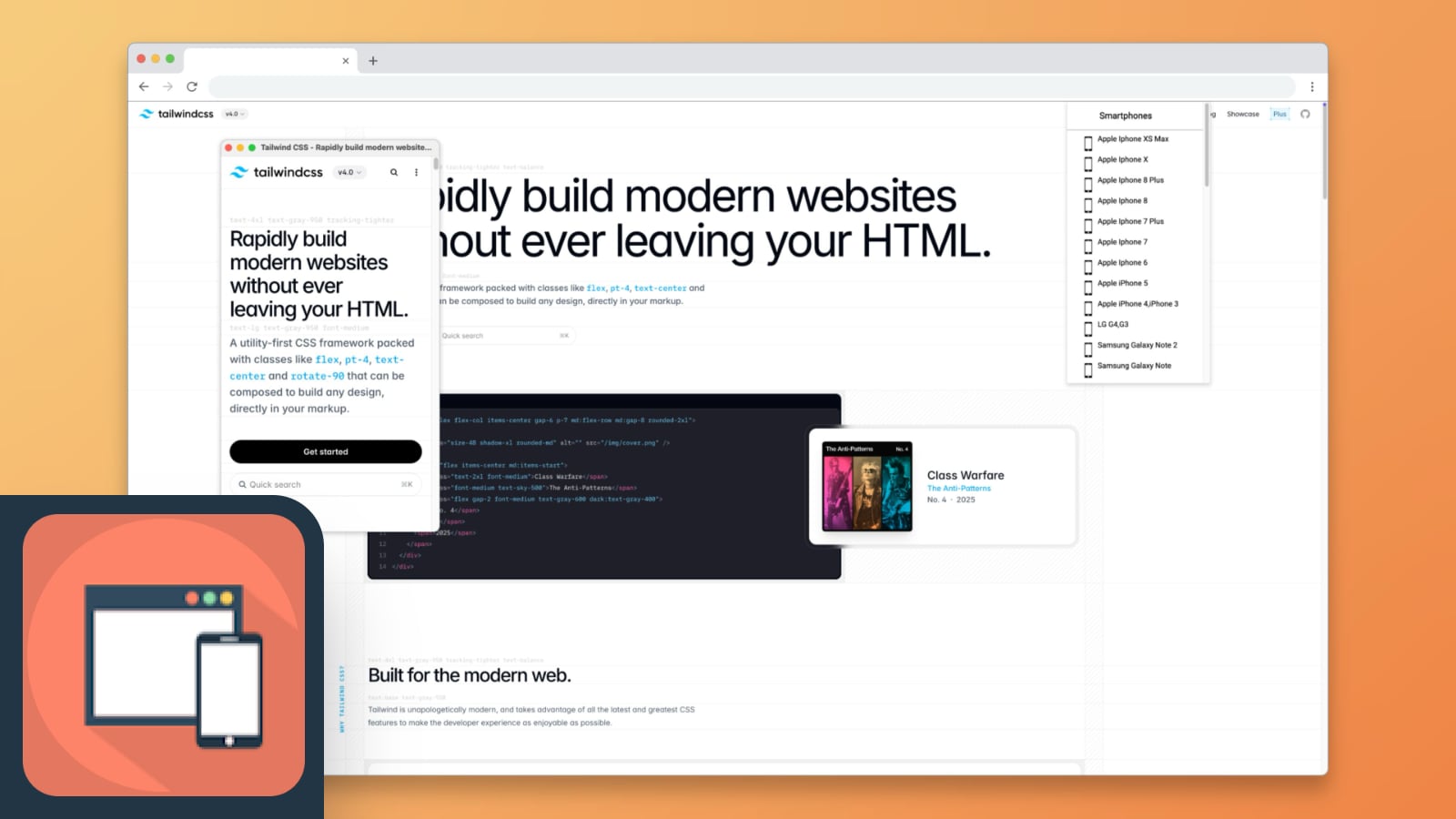 Responsive Tester browser extension displaying the Tailwind CSS homepage in a simulated mobile view alongside the full desktop view in a single browser window. A dropdown menu shows a list of various smartphone models for testing. The extension’s logo, featuring icons of a desktop monitor, tablet, and smartphone on an orange background, appears in the bottom-left corner.