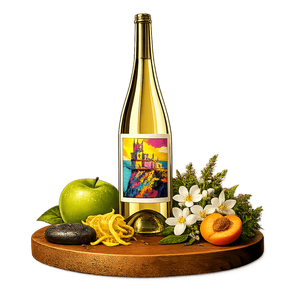 Artistic label and flavor profile for Crimean White Blend on a rustic wooden table.