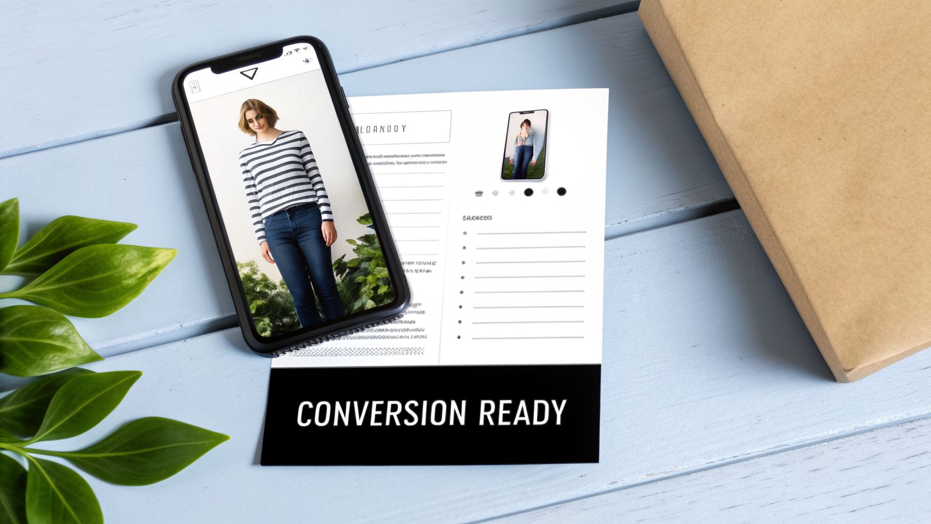 Smartphone displaying a fashion model, a document, and a 'CONVERSION READY' sign on a blue wooden table, symbolizing e-commerce.