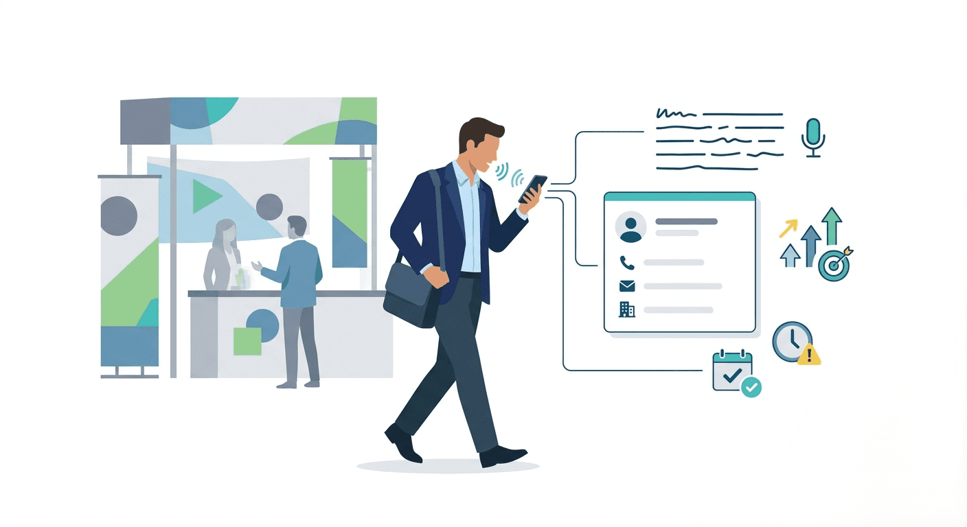 Sales representative using Habsy voice notes after a trade show conversation to capture lead context, intent signals, and follow-up details.