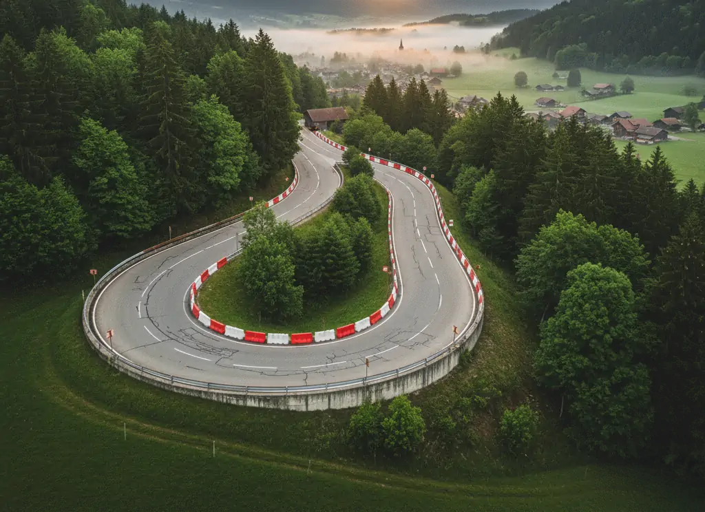 Vue aérienne d'un virage en épingle sur la piste de speed down entre St-Cergue et Gingins au lever du soleilage