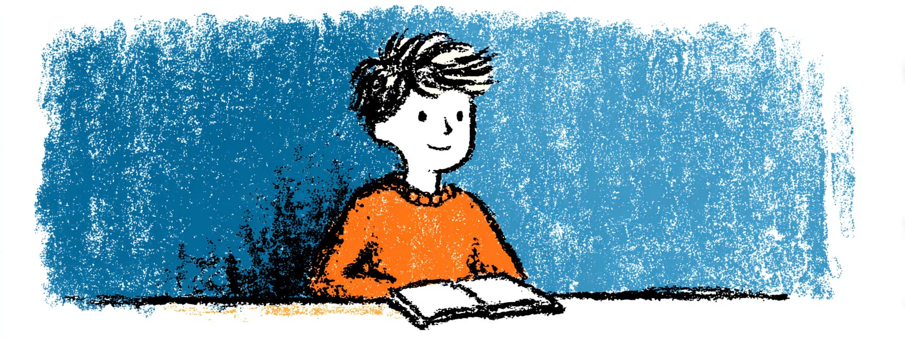 eine person mit orangenem pullover liest ein buch, zeichnung