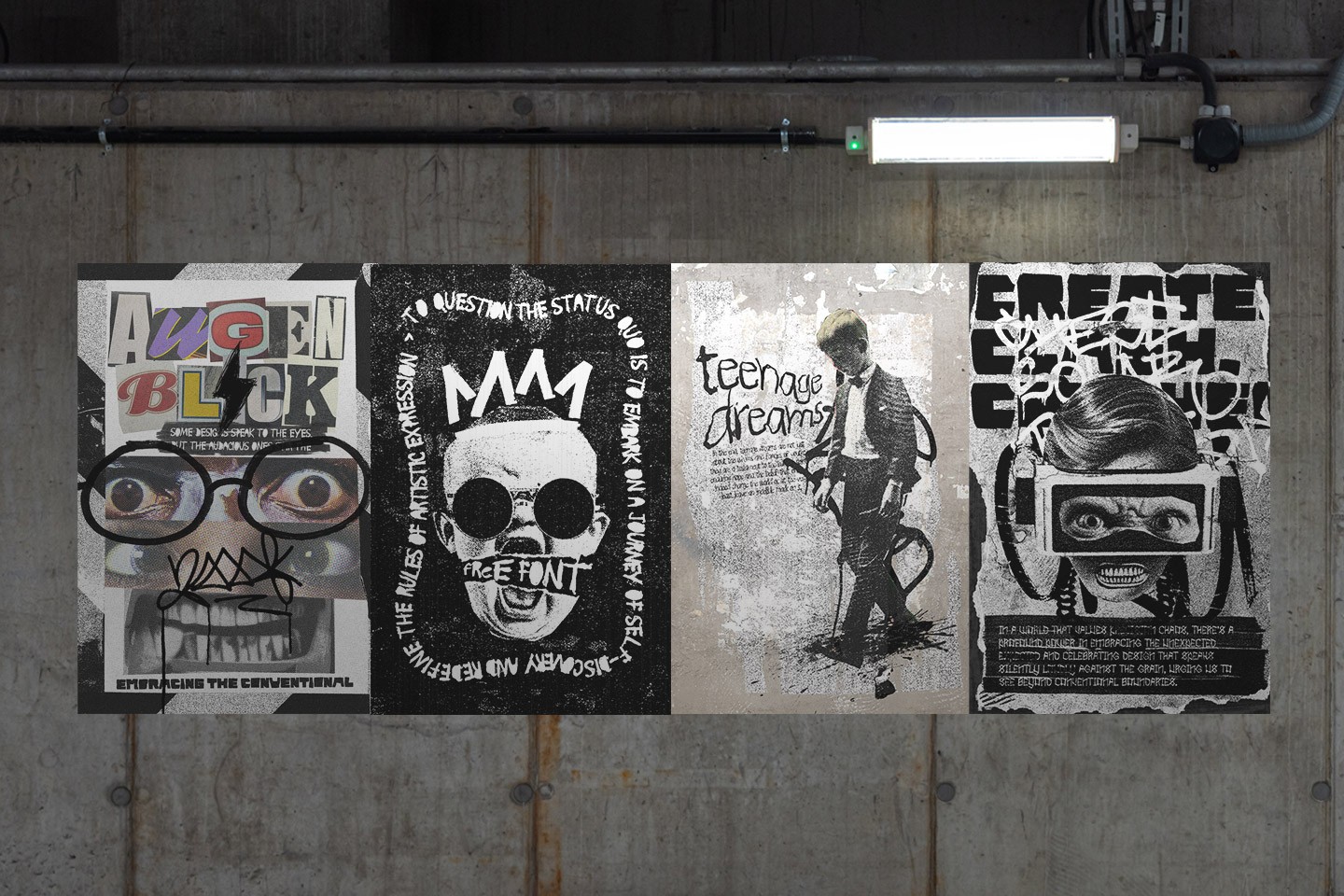 Artistic Toolkit 3 collage poster designs displayed on industrial urban wall