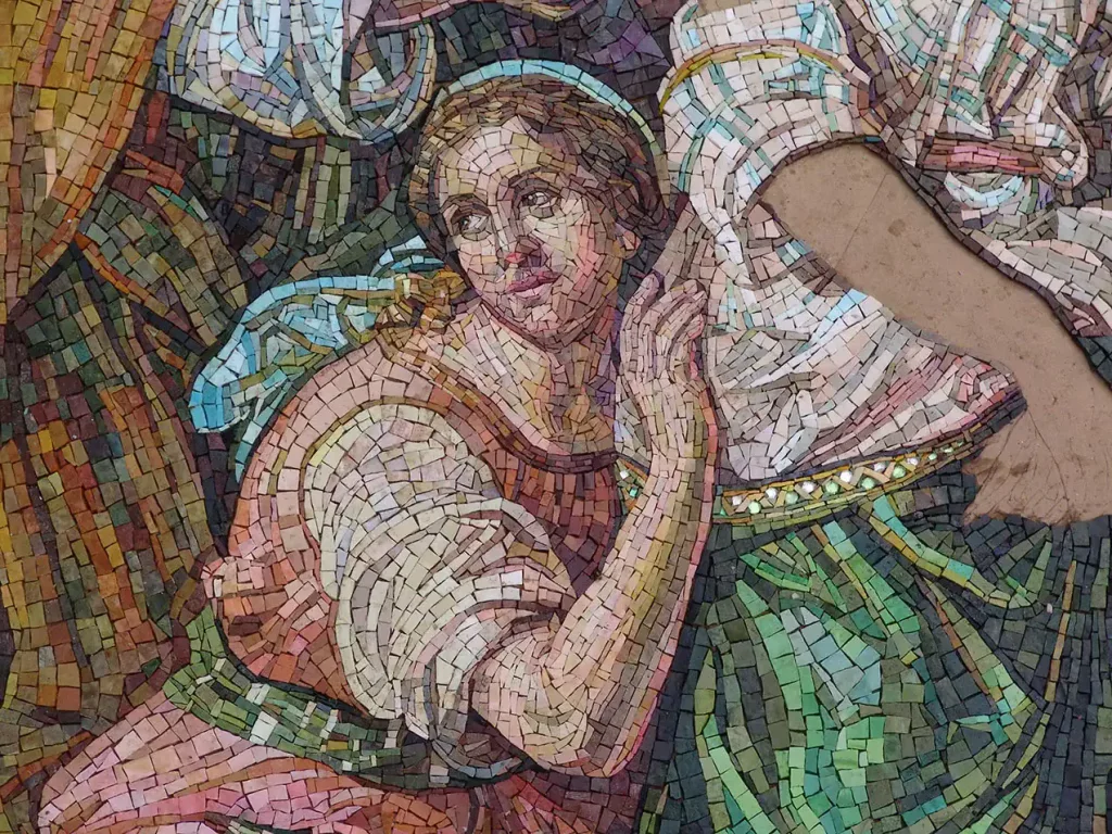 Detailed mosaic artwork of Mary Magdalene from Christian religious scene.