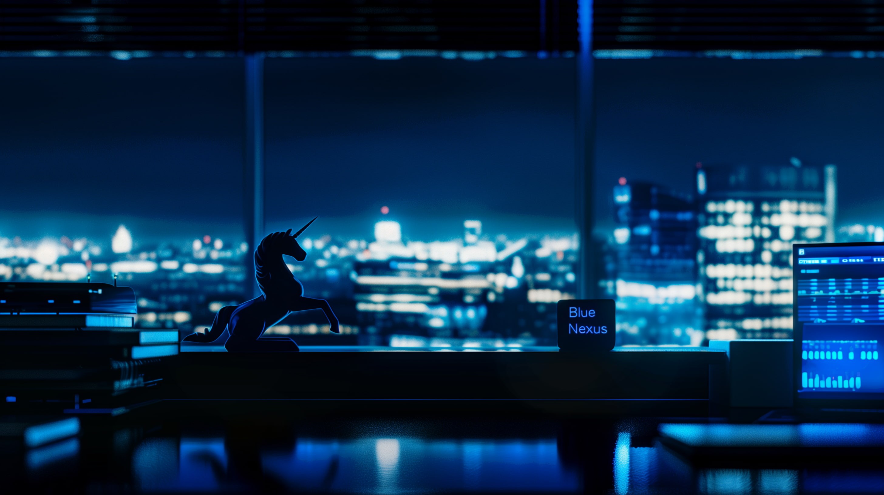 a unicorn statue in an office at night