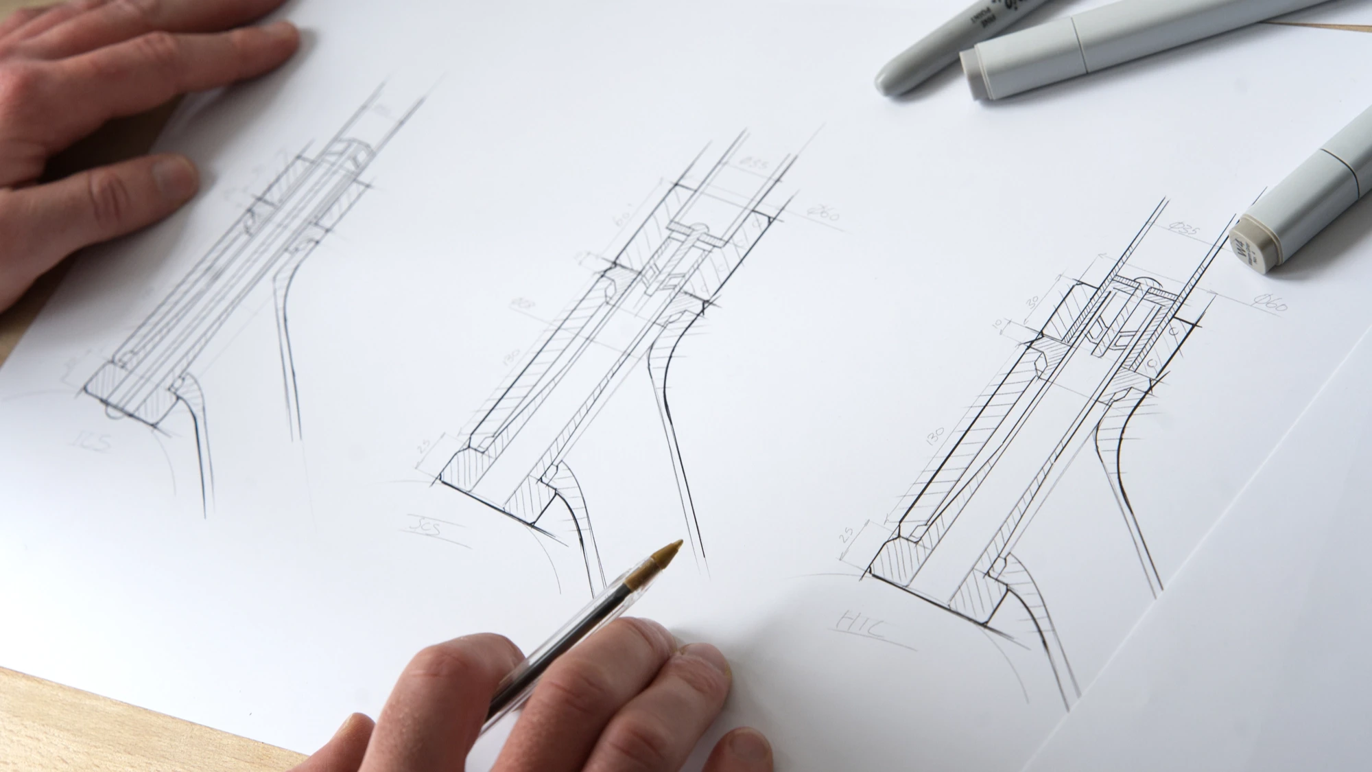 Close-up industrial design concept sketches exploring form, details, and integration of a scooter headset assembly.
