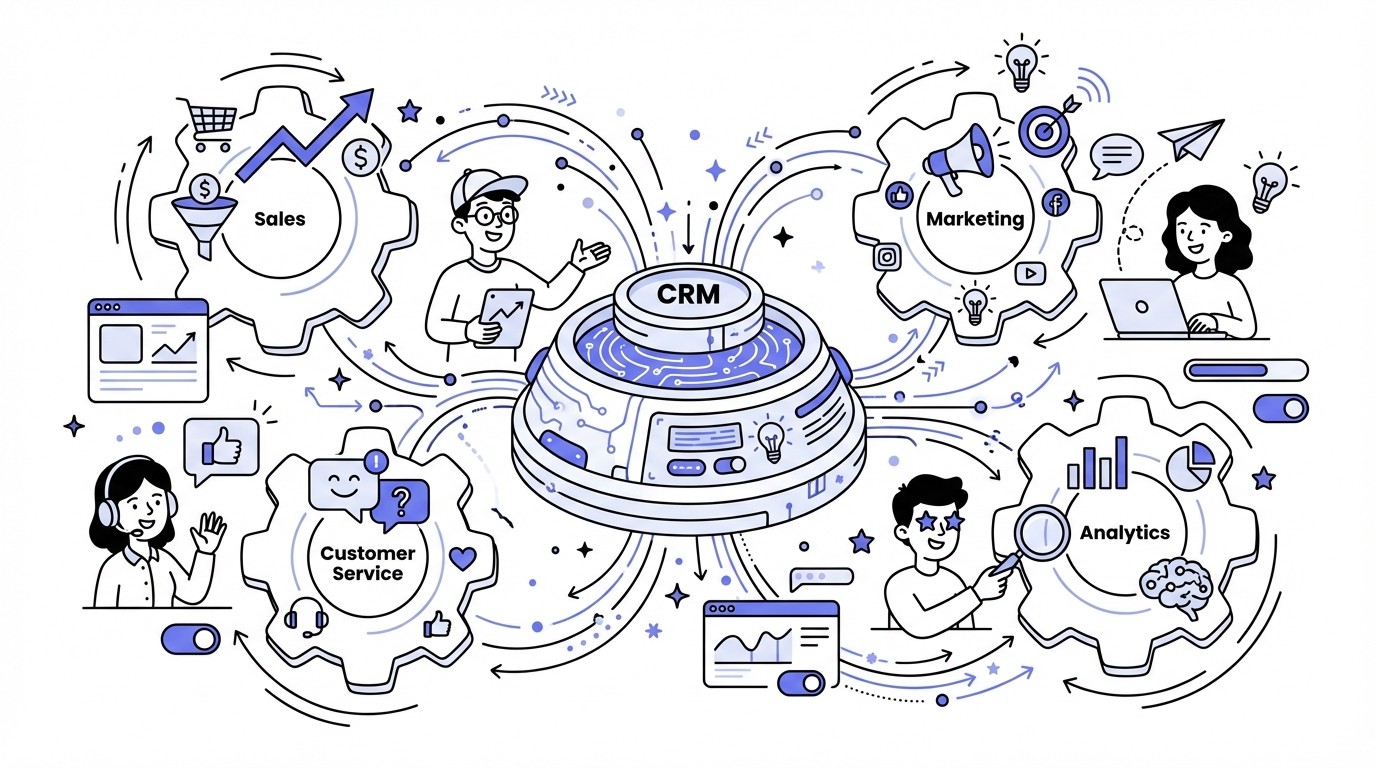 An illustration of a CRM system as a central, glowing tech engine, surrounded by interconnected gears representing various business functions like sales, marketing, and customer service, with data streams flowing between them, depicting seamless integration and efficiency.